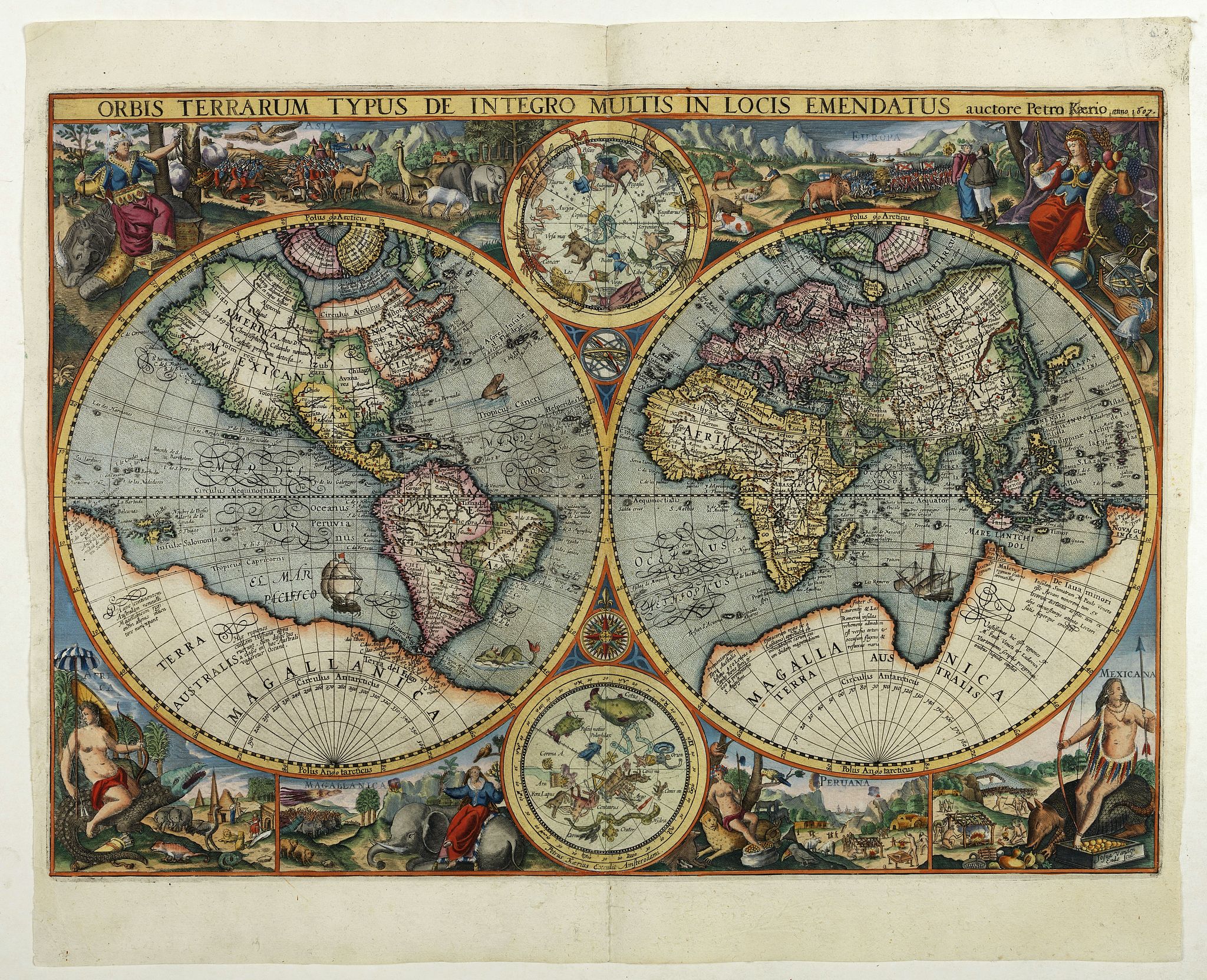VAN DEN KEERE / KAERIUS, P., Orbis Terrarum Typus de Integro Multis in Locis Emendatus Auctore Petro Kaerio Anno 1607., antique map, old maps
