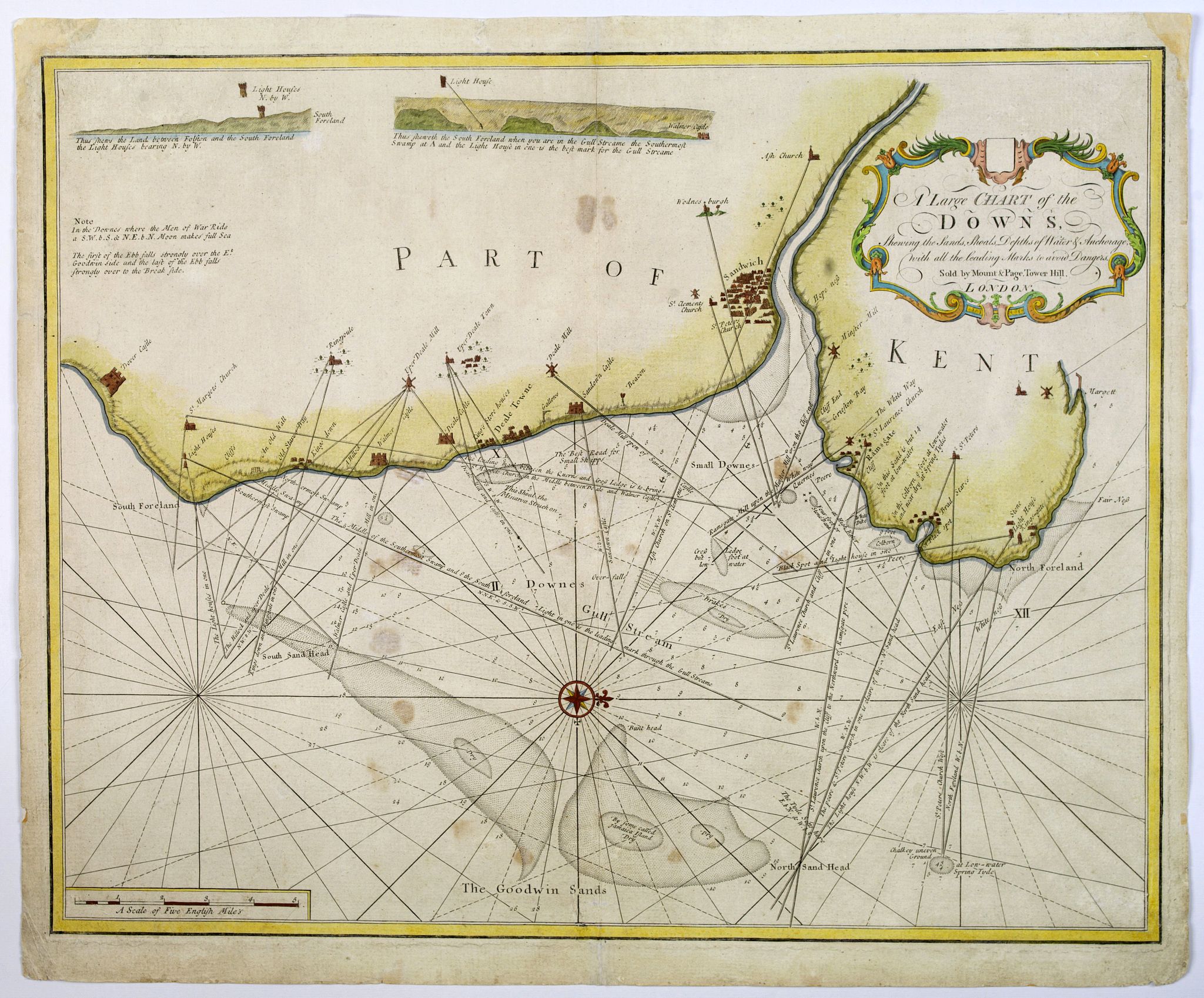 MOUNT & PAGE., A Large Chart of the Downs, Shewing the Sands, Shoals, Depths of Water. . ., antique map, old maps