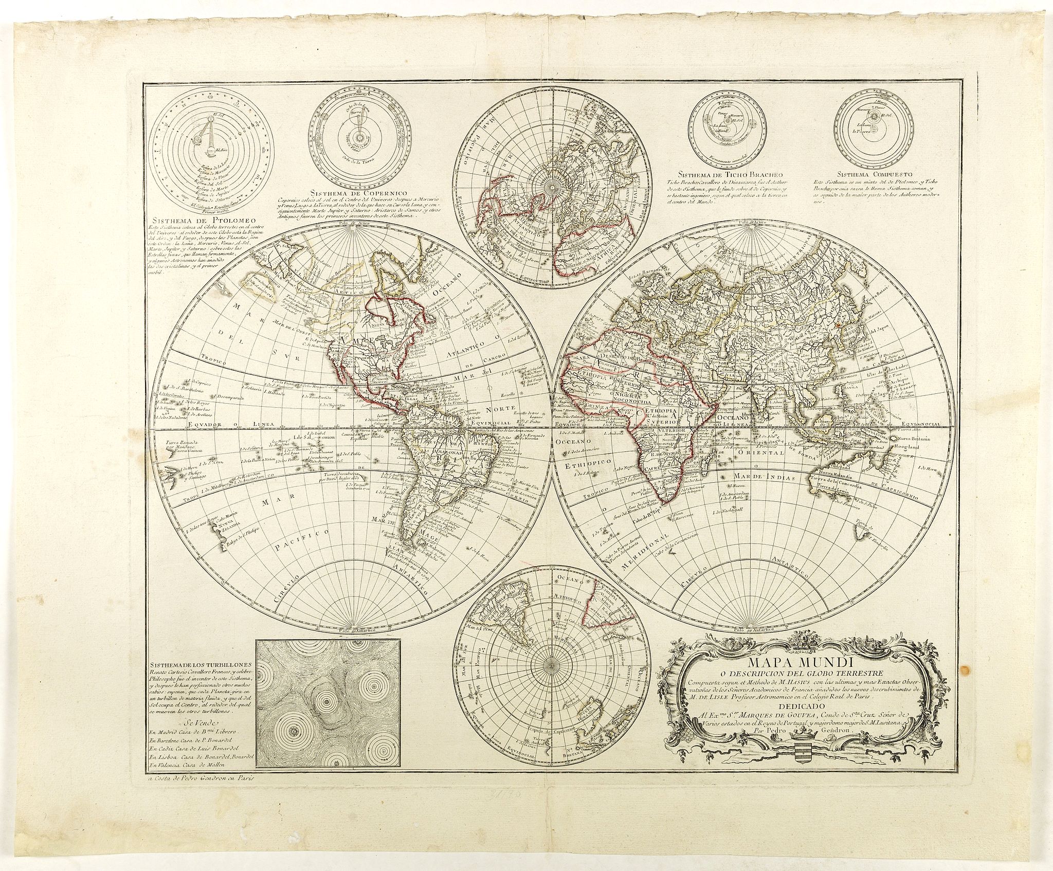 GENDRON, P., Mapa Mundi O Description Del Globo Terrestre Compuesta segun las ultimas y nuevas oserationes de las Academias, y de Parsi y de Londres . . ., antique map, old maps