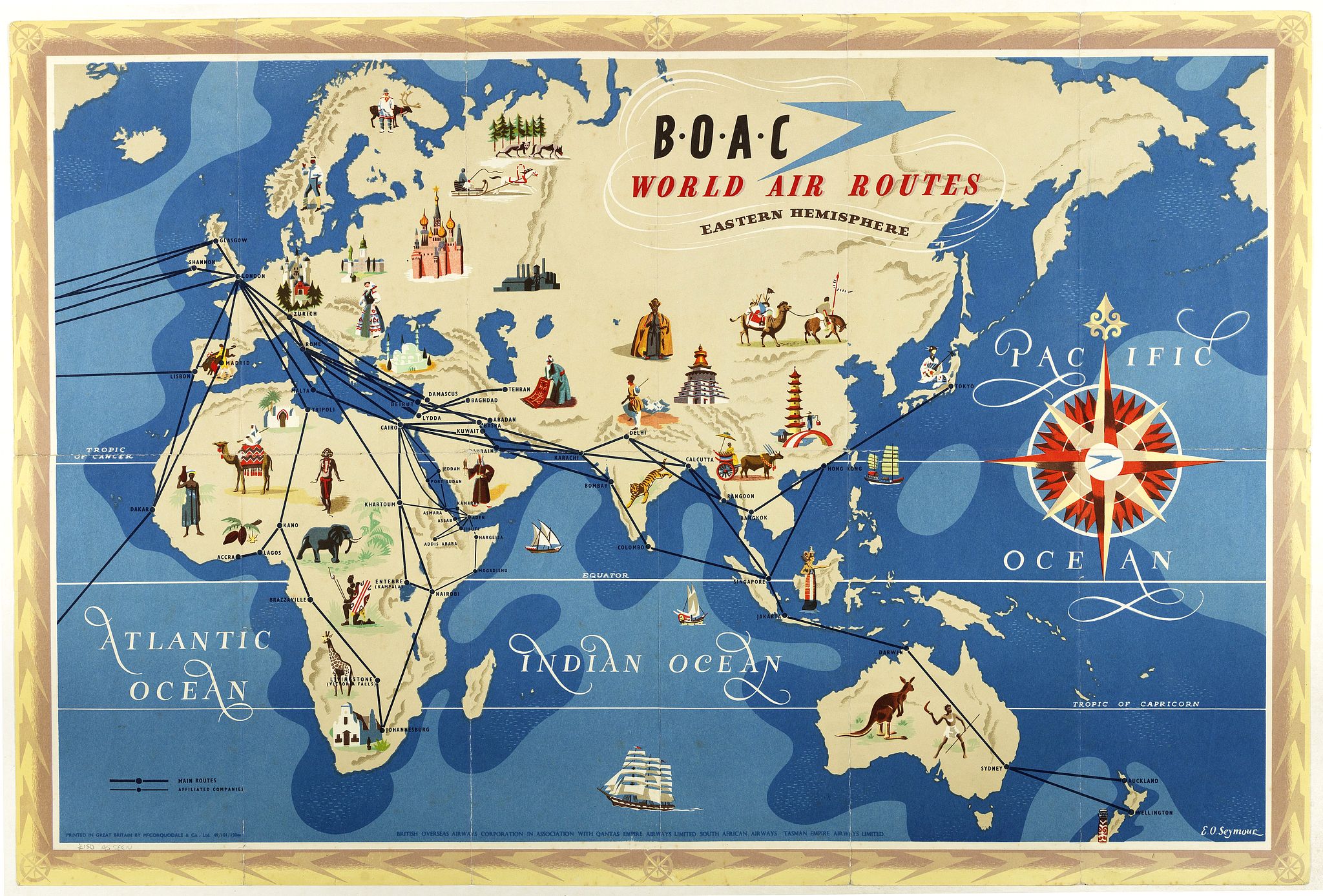 SEYMOUR, E., World Air Routes: Eastern Hemisphere / B.O.A.C. - World Air Routes: Western Hemisphere., antique map, old maps