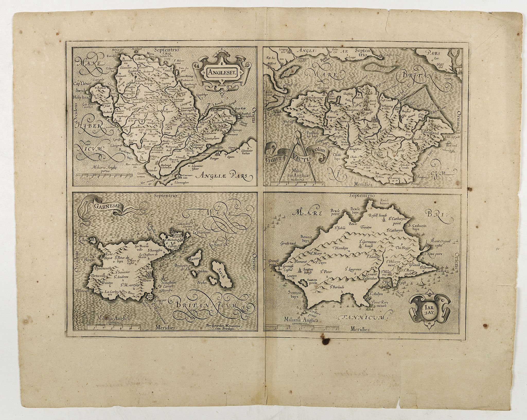 MERCATOR, G. / HONDIUS, J., Anglesey. / Iarsay. / Carnesay. / Wight Vectis Olim., antique map, old maps