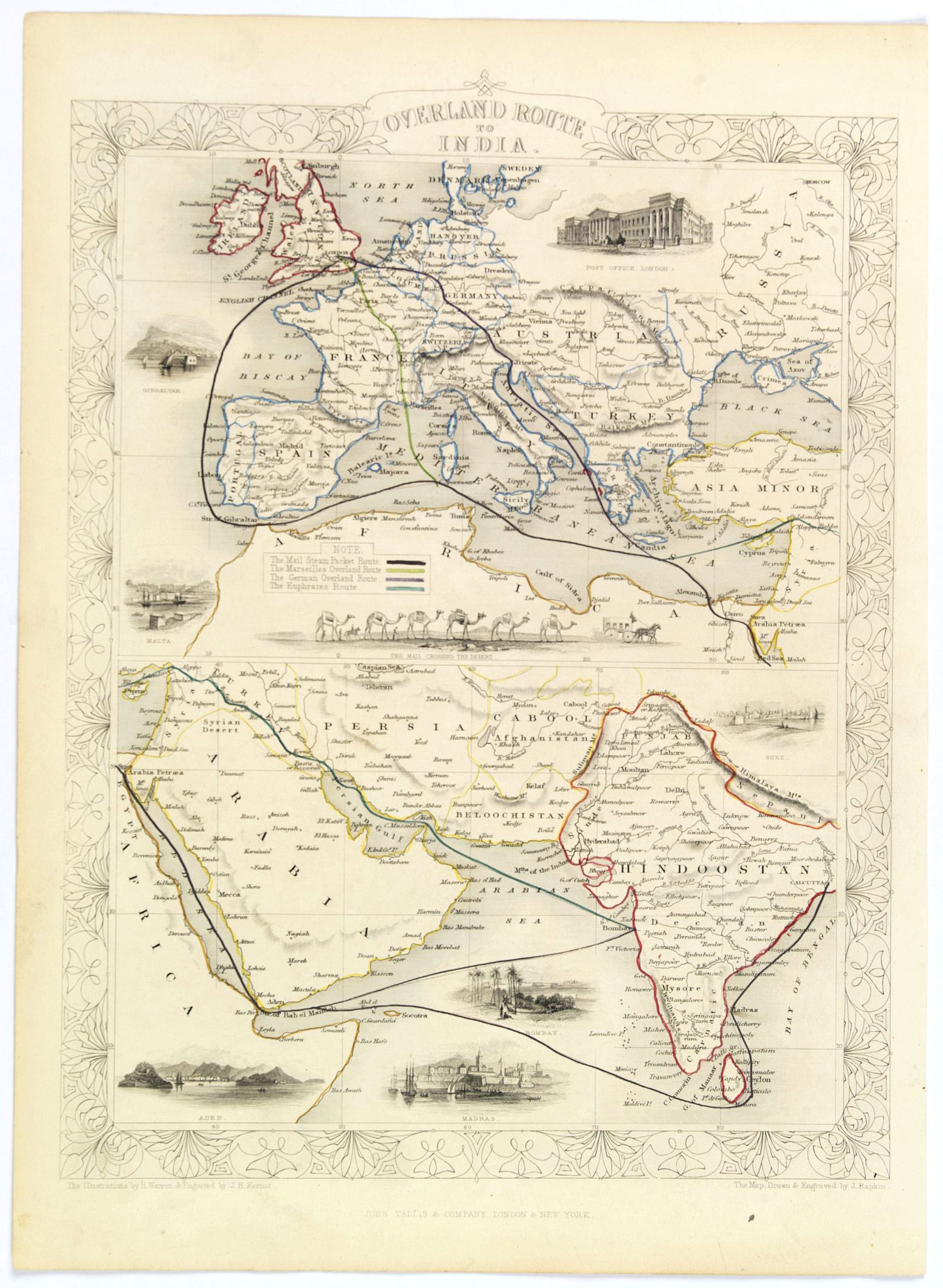TALLIS, J., Overland Route to India., antique map, old maps