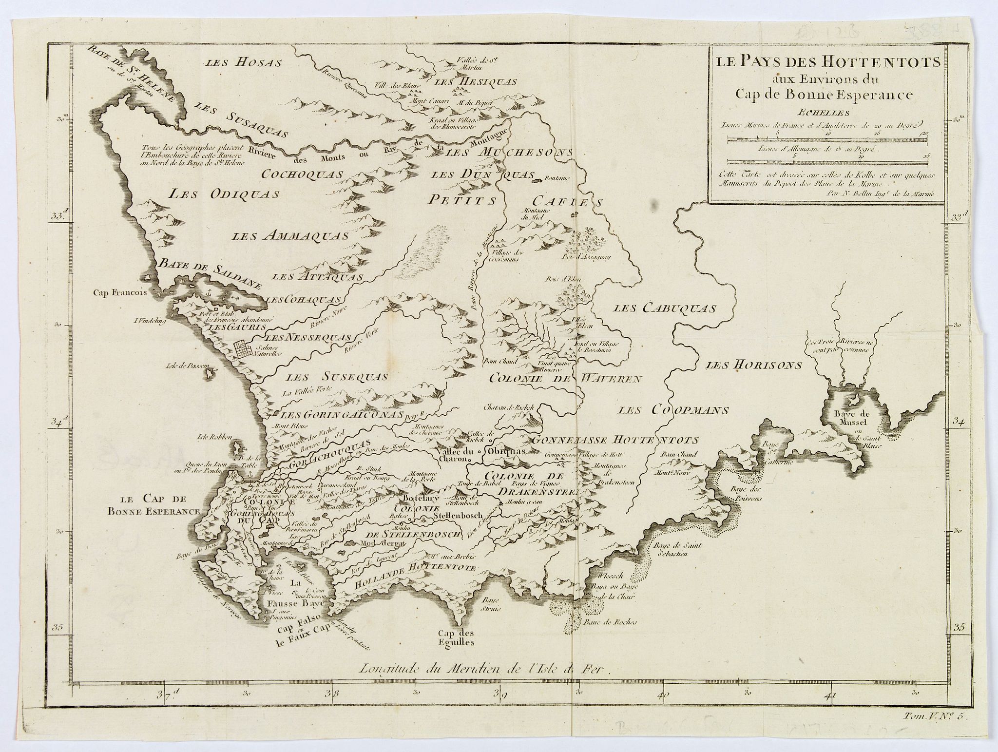 BELLIN, J.N., Le Pays des Hottentots aux environs du Cap de Bonne Espérance. . ., antique map, old maps