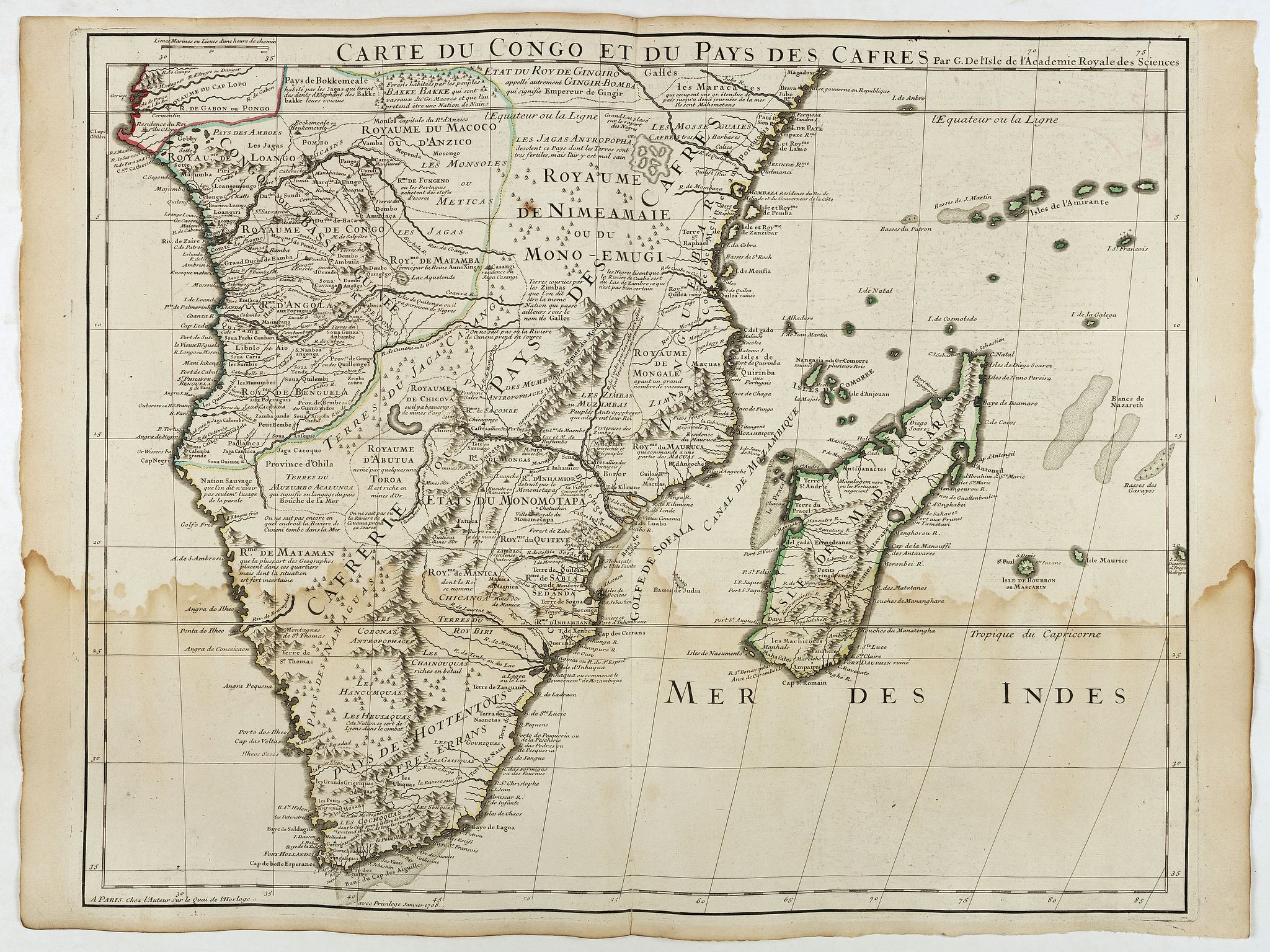 DE L'ISLE., Carte du Congo et du Pays des Cafres., antique map, old maps