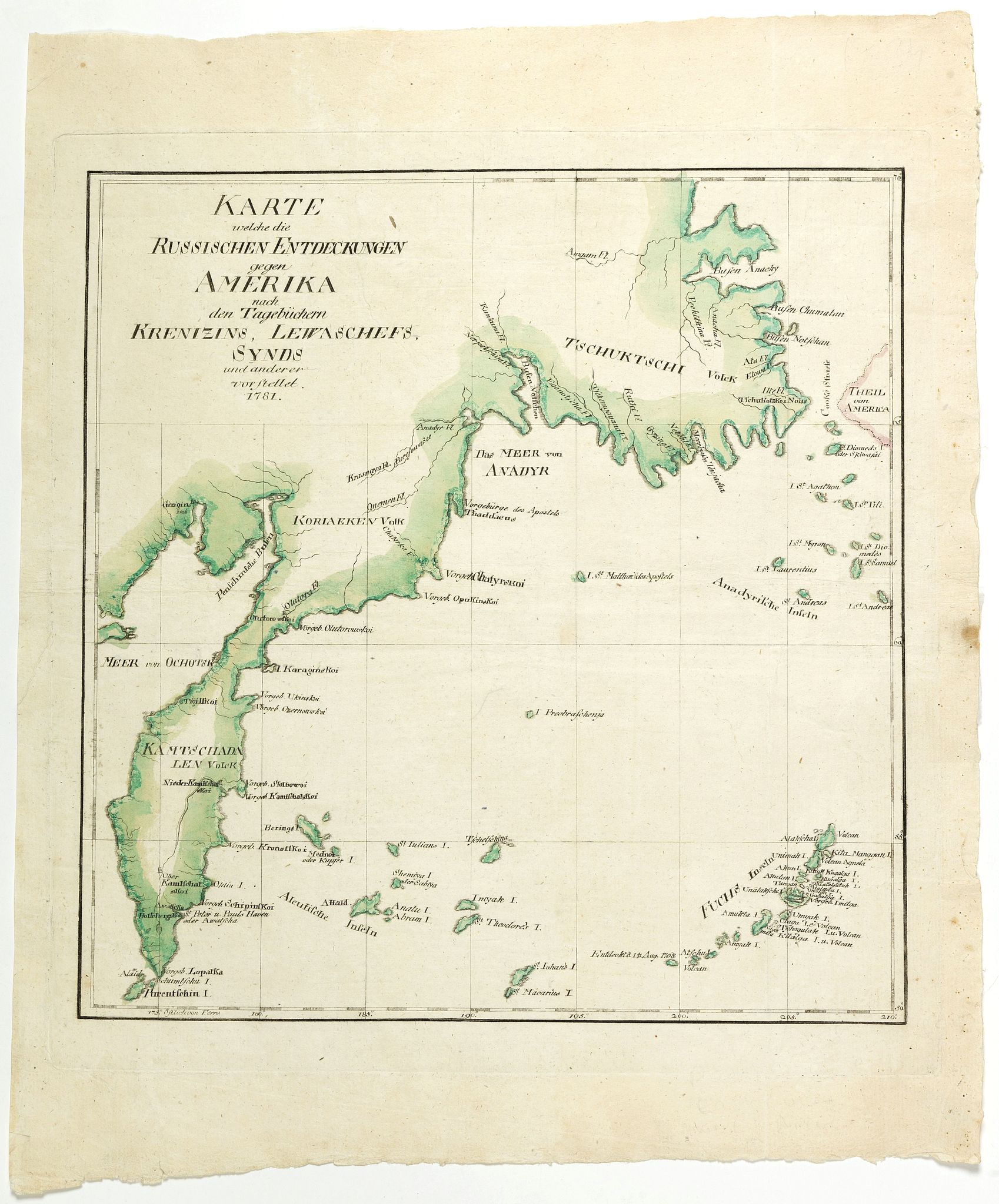 WYGANDSCHE BUCHHANDLUNG, Karte welche die Russischen Entdeckungen gegen Amerika nach den Tagebüchern Krenizins, Lewaschefs, Synds und anderer vorstellt. 1781, antique map, old maps