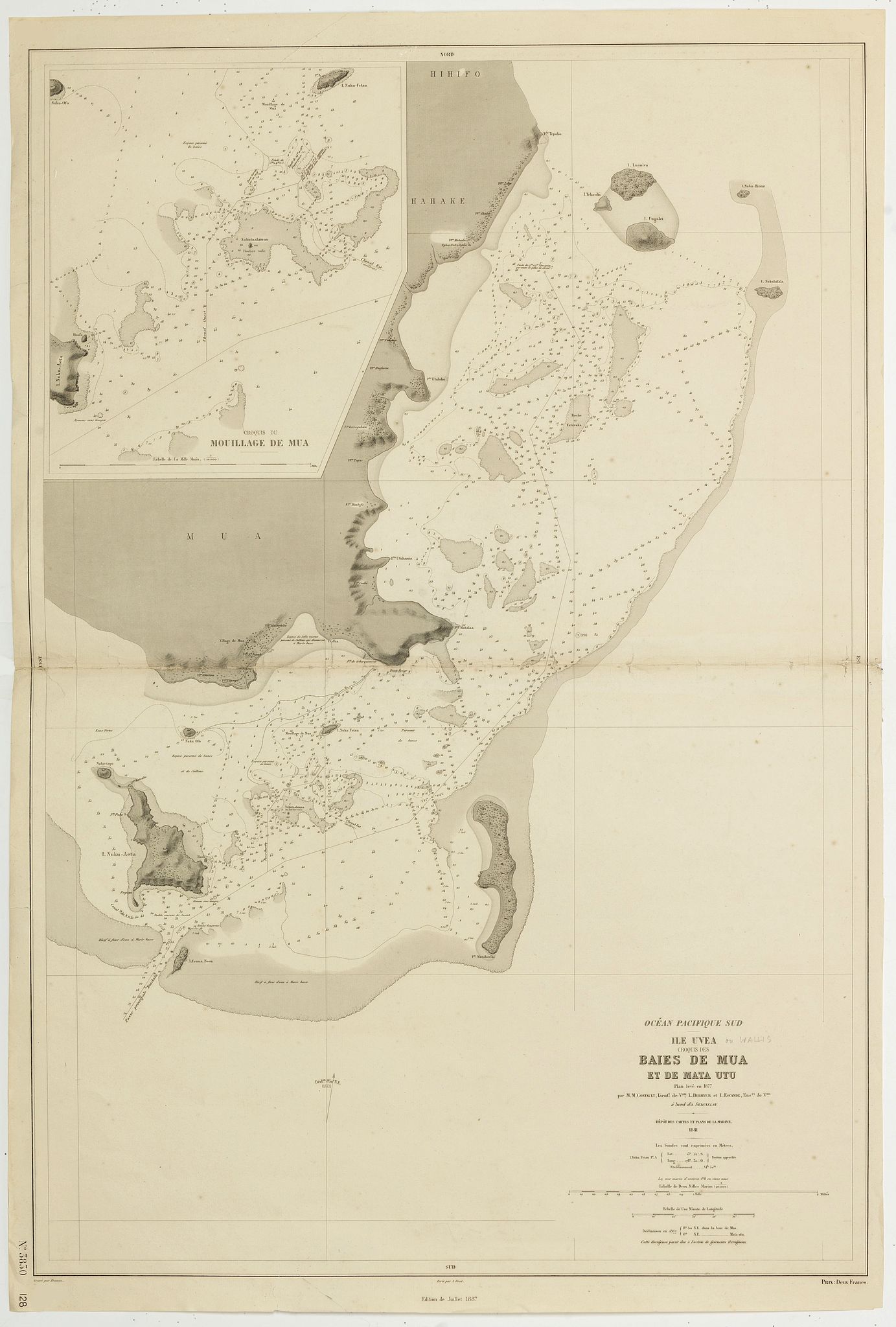 DEPOT DES CARTES DE LA MARINE, ILE UVEA CROQUIS DES BAIES DE MUA ET DE MATA UTU., antique map, old maps