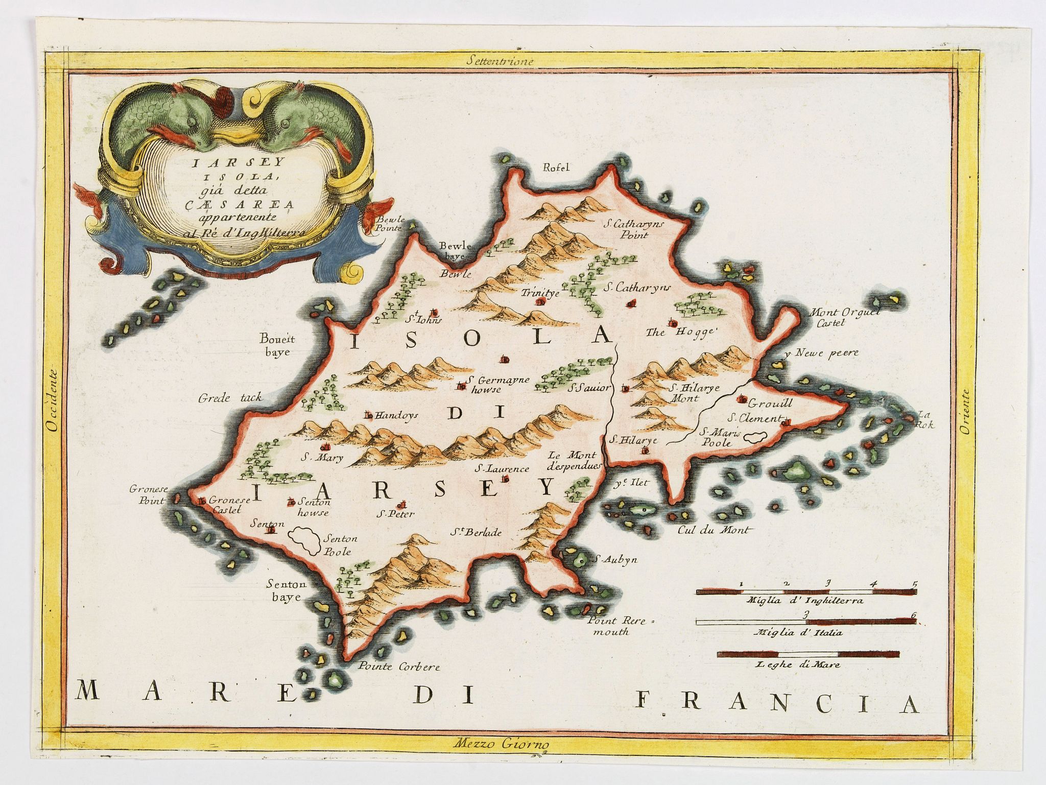 CORONELLI., Iarsey Isola, gia detta Caesarea appartenente al Re d'Ingliterra., antique map, old maps