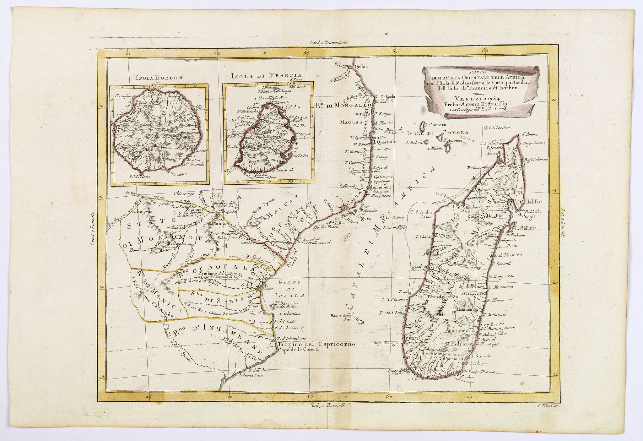 ZATTA, A., Parte della Costa a Orientale dell'Africa con I'Isola di Madagascar e le Carte particolari dell'Isole di Francia e di Borbon., antique map, old maps