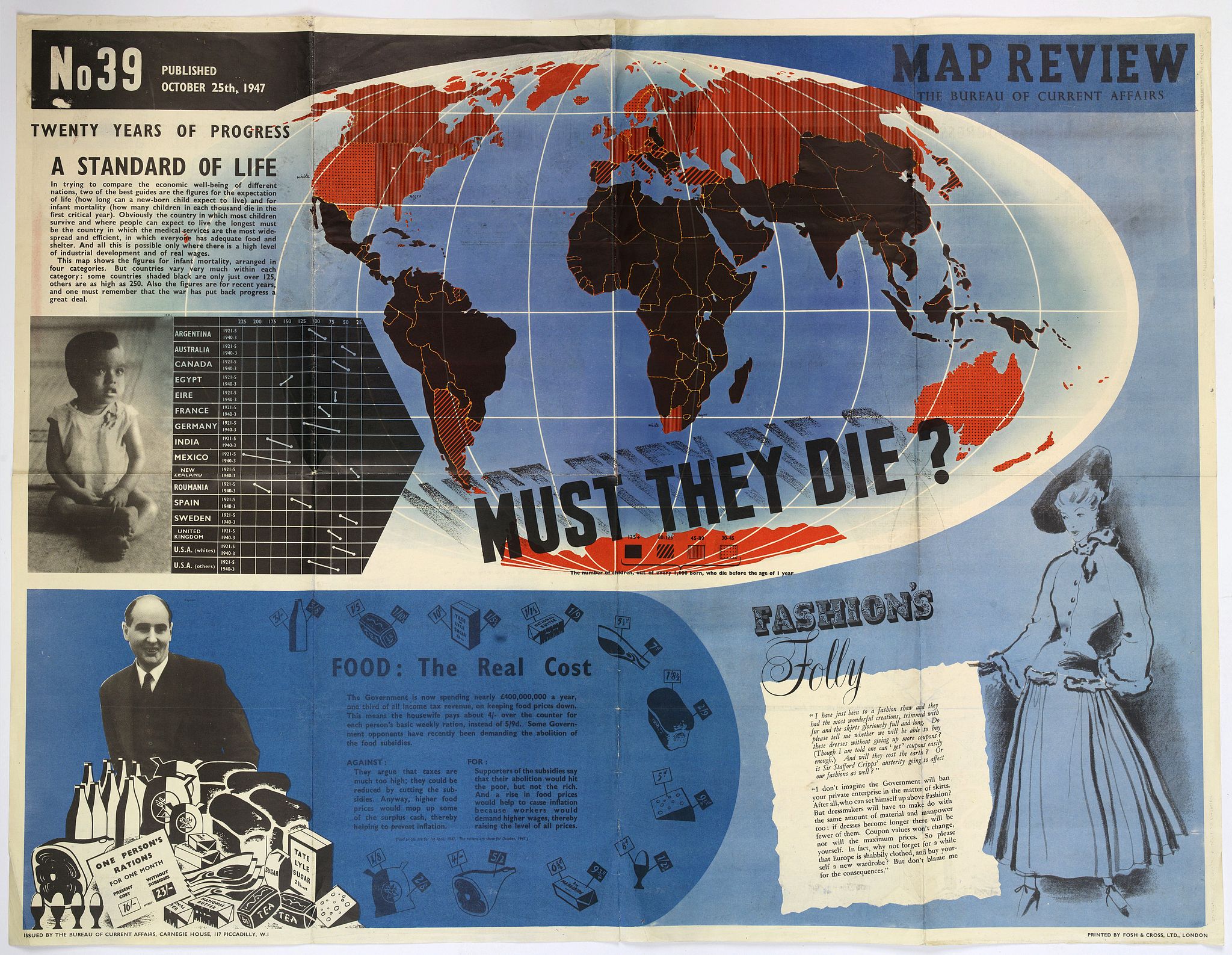 THE BUREAU OF CURRENT AFFAIRS., Map Review No.39. - Twenty Years of Progress, 'A Standard of Life'., antique map, old maps