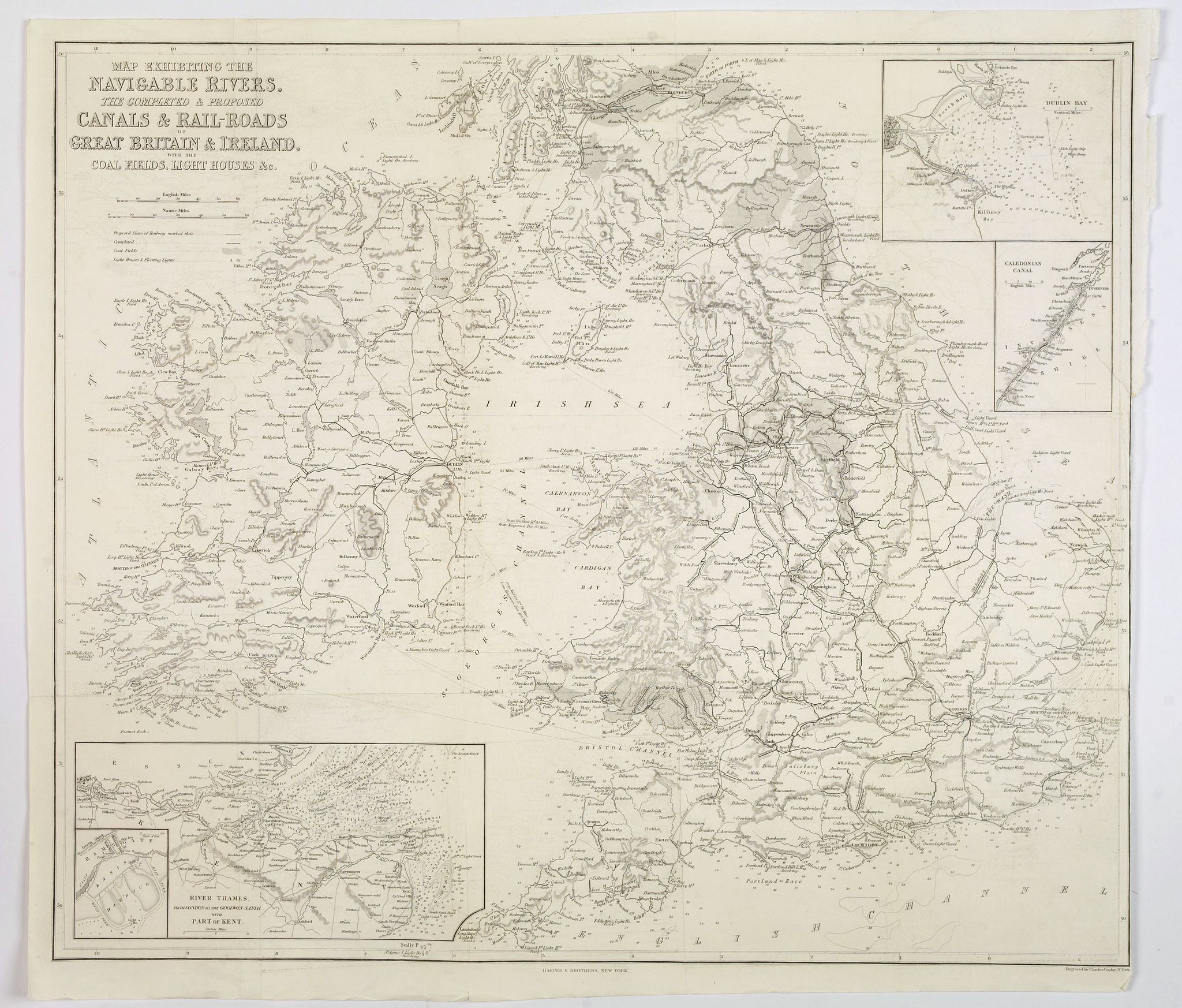 COPLEY / HARPER & BROTHERS., Map Exhibiting the Navigable Rivers, the completed & proposed Canals, & Rail-Roads of Great Britain & Ireland. . ., antique map, old maps