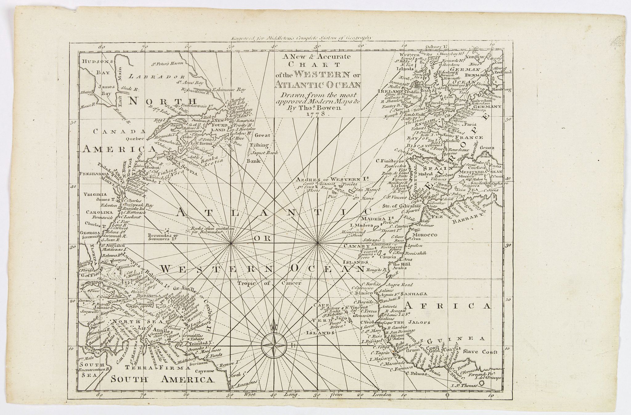 BOWEN, Thomas., A New & Accurate Chart of the Western or Atlantic Ocean., antique map, old maps