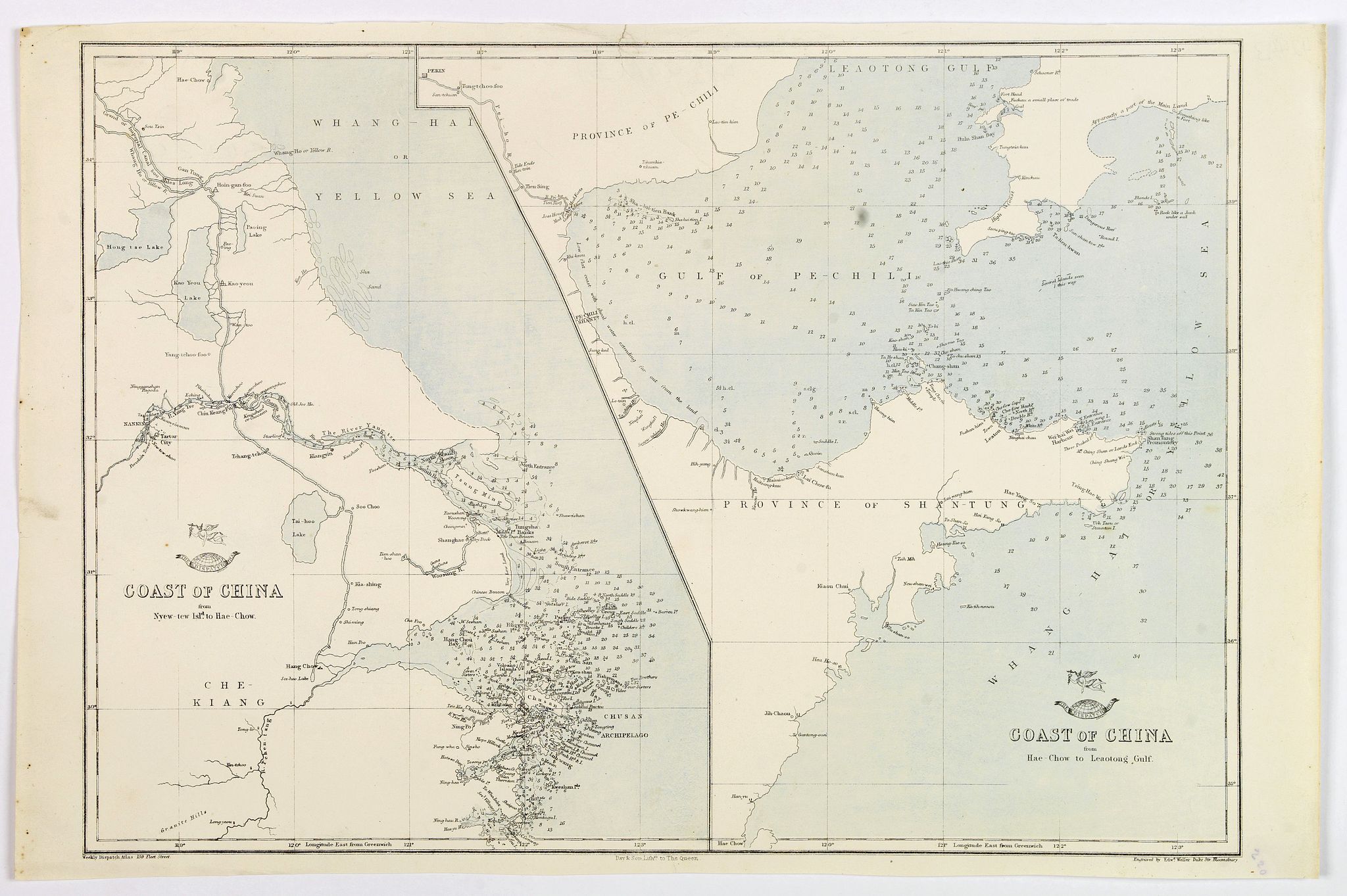 WELLER, Edward., Coast of China. Nyew tew island to Hae Chow / Hae Chow to Leaotong Gulf., antique map, old maps