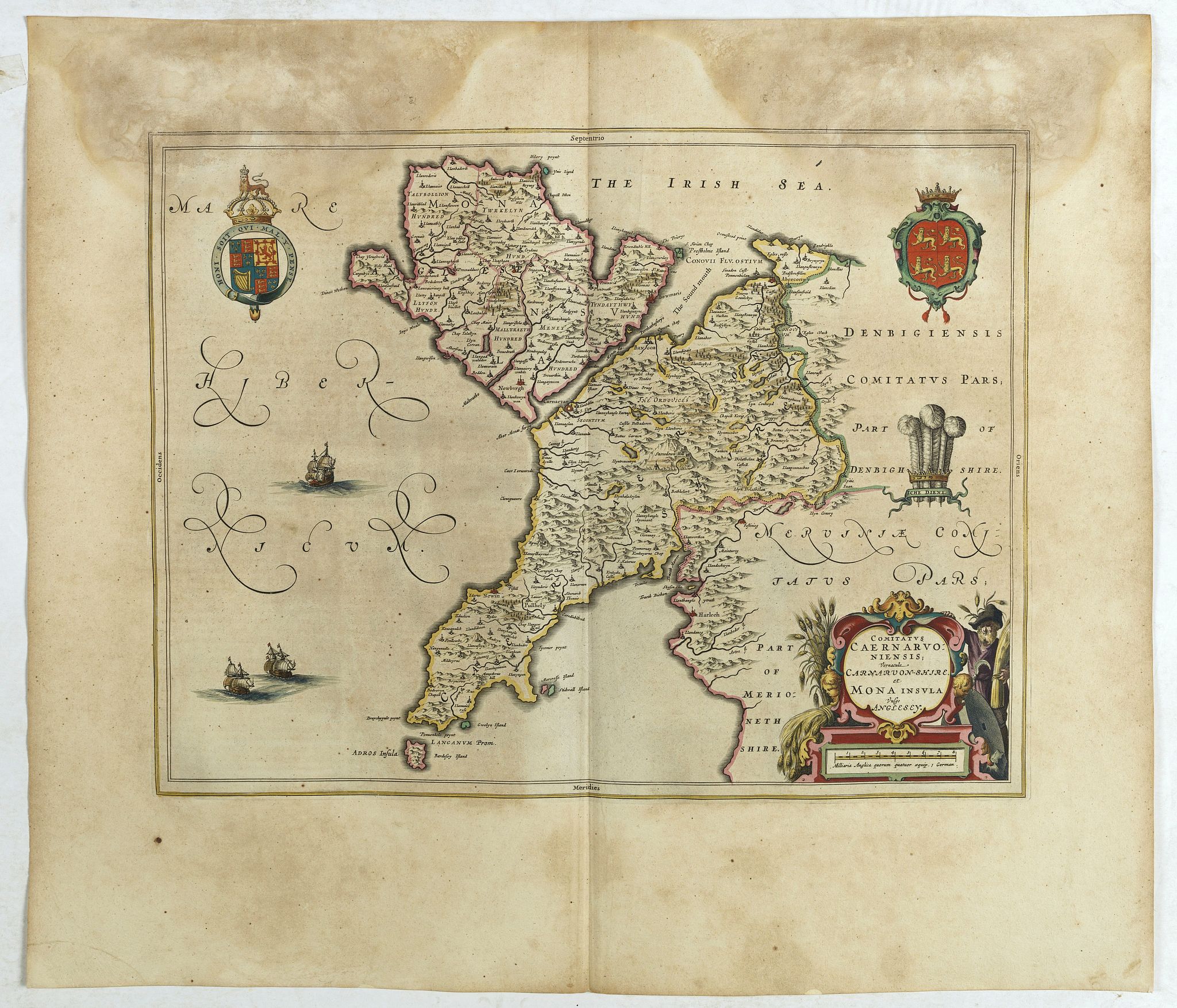 BLAEU, J., Comitatus Caernarvoniensis, Vernacule Carnarvon-Shire et Mona Insula Vulgo Anglesey., antique map, old maps