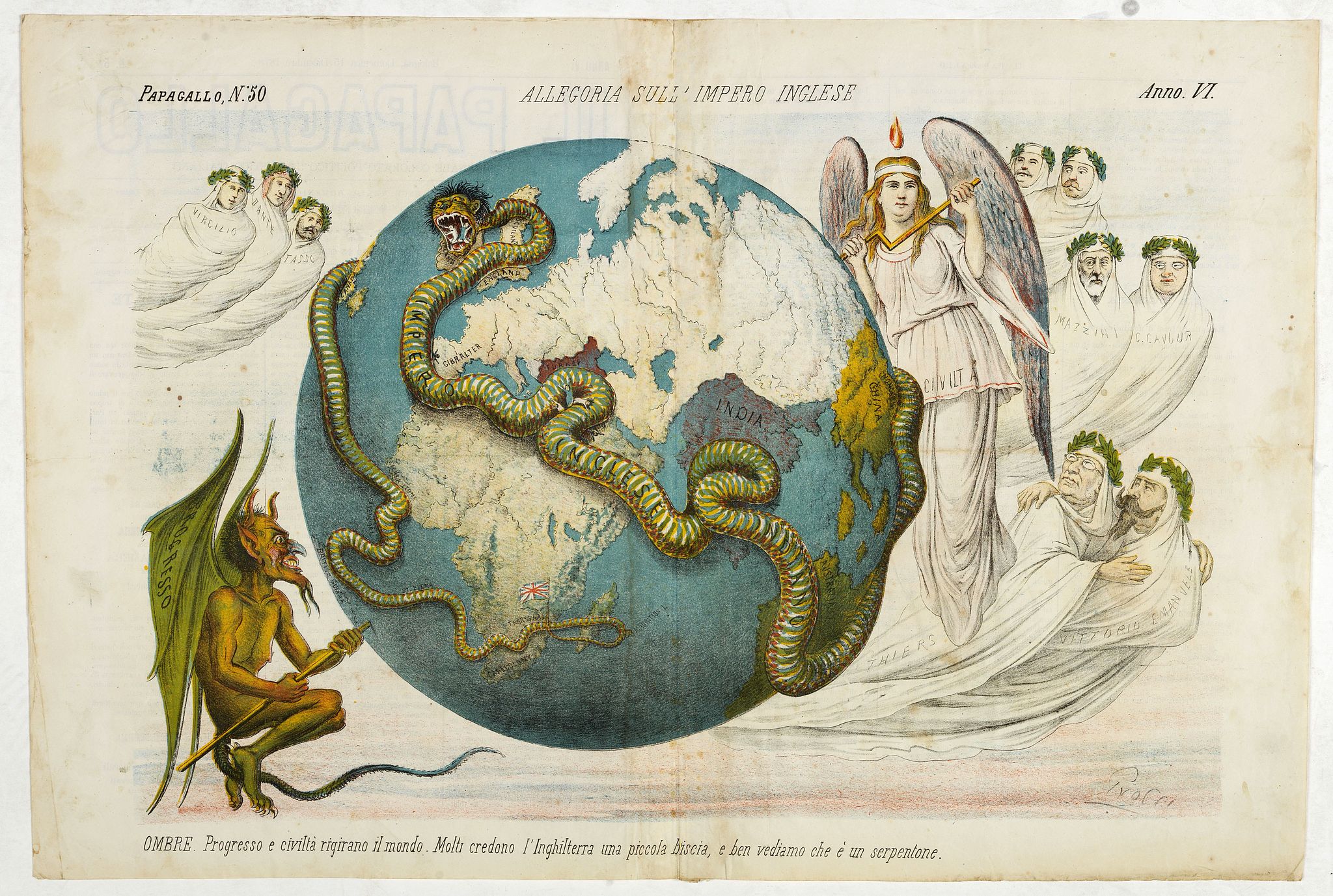 GROSSI, A., Allegoria sull'Impero Inglese. Papagallo No. 50. Anno VI., antique map, old maps