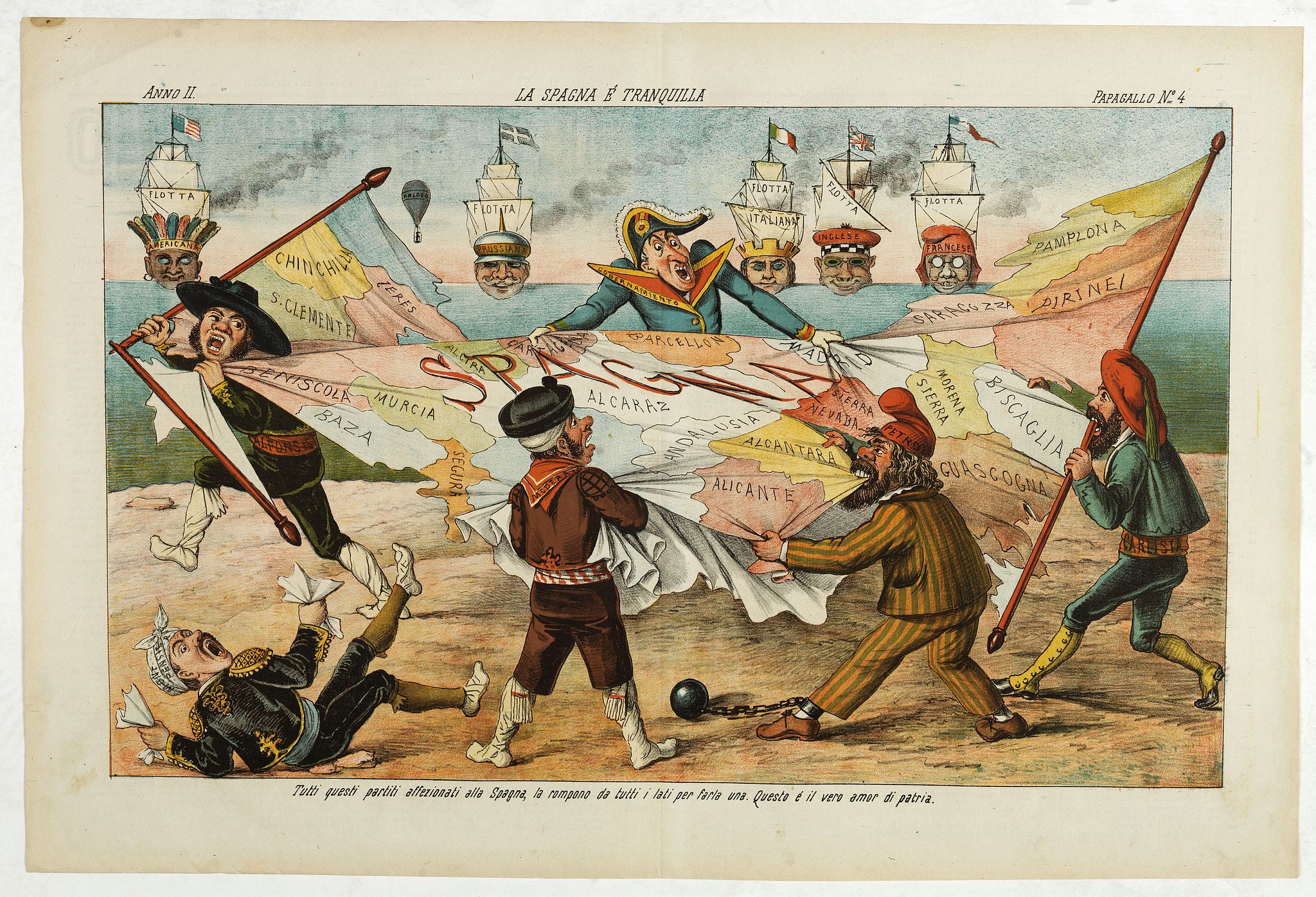 GROSSI, A., La Spagna e Tranquilla. Papagallo No. 4. Anno II., antique map, old maps