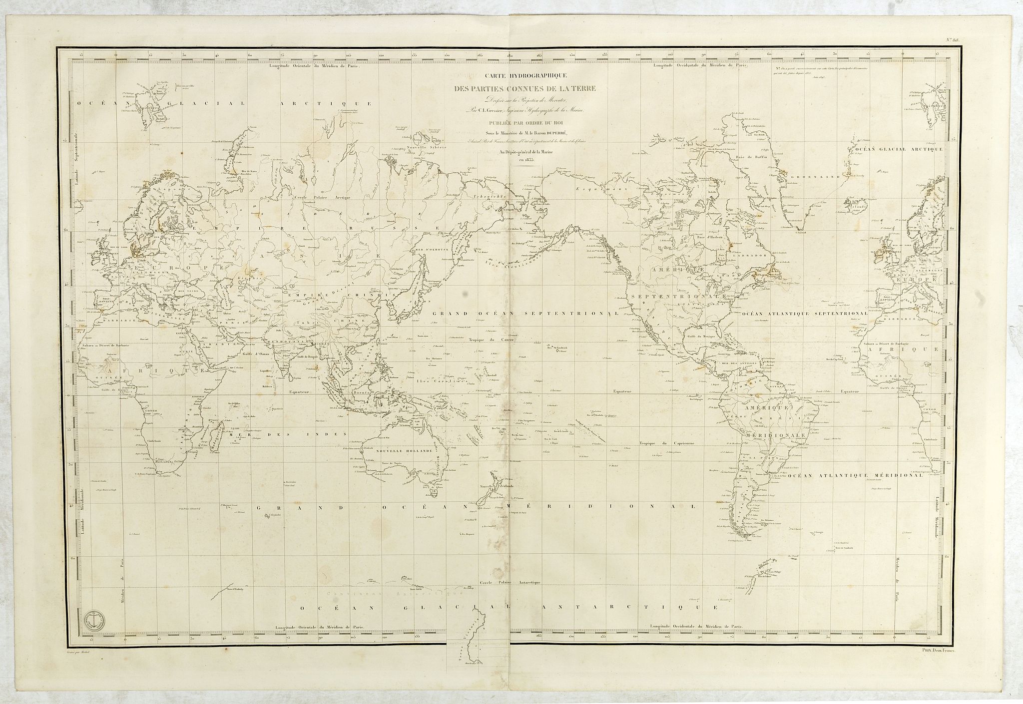 DÉPÔT GÉNÉRAL DE LA MARINE., Carte Hydrographique des parties connues de la terre dressée sous la projection de Mercator par Gressier., antique map, old maps