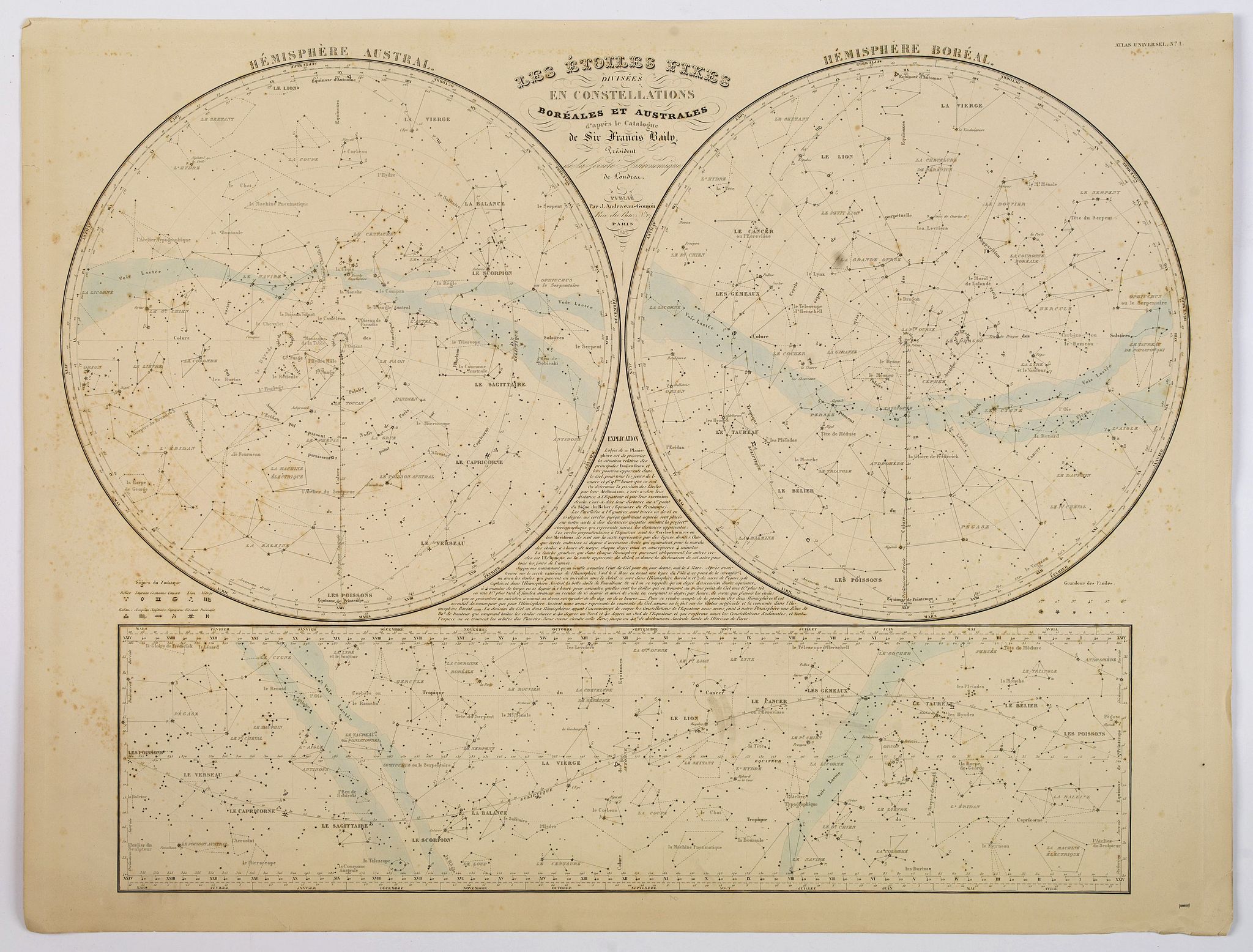 ANDRIVEAU-GOUJON, J., Les Etoiles Fixes divisees en Constallations Boreales et Australes. . ., antique map, old maps