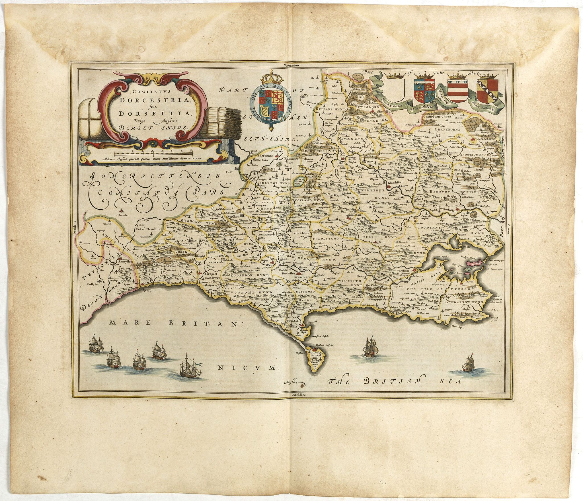 BLAEU, J., Comitatus Dorcestria, sive Dorsettia, Vulgo Anglice Dorset shire., antique map, old maps
