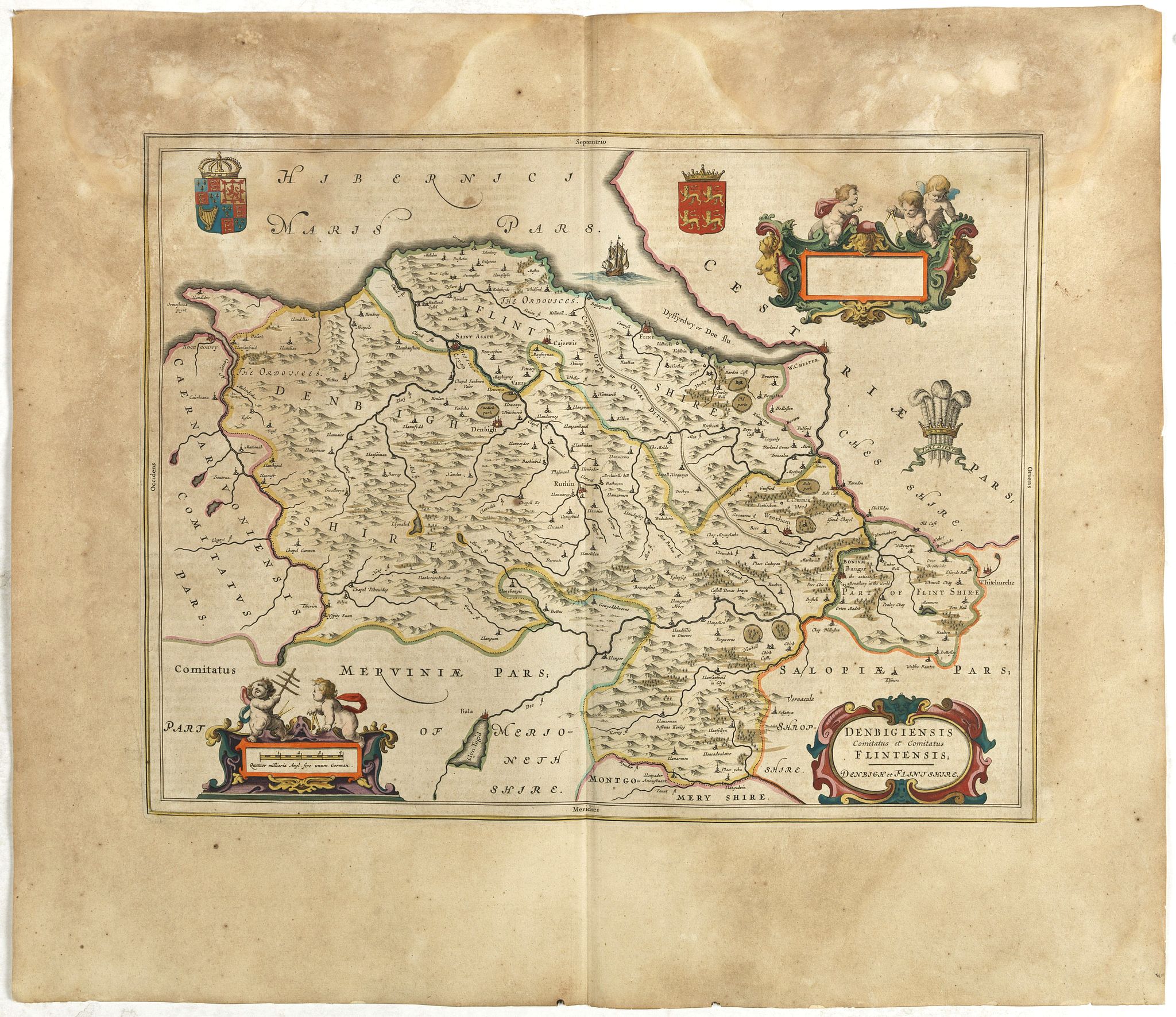 BLAEU, J., Denbigiensis Comitatus et Comitatus Flintensis, Denbigh et Flintshire., antique map, old maps