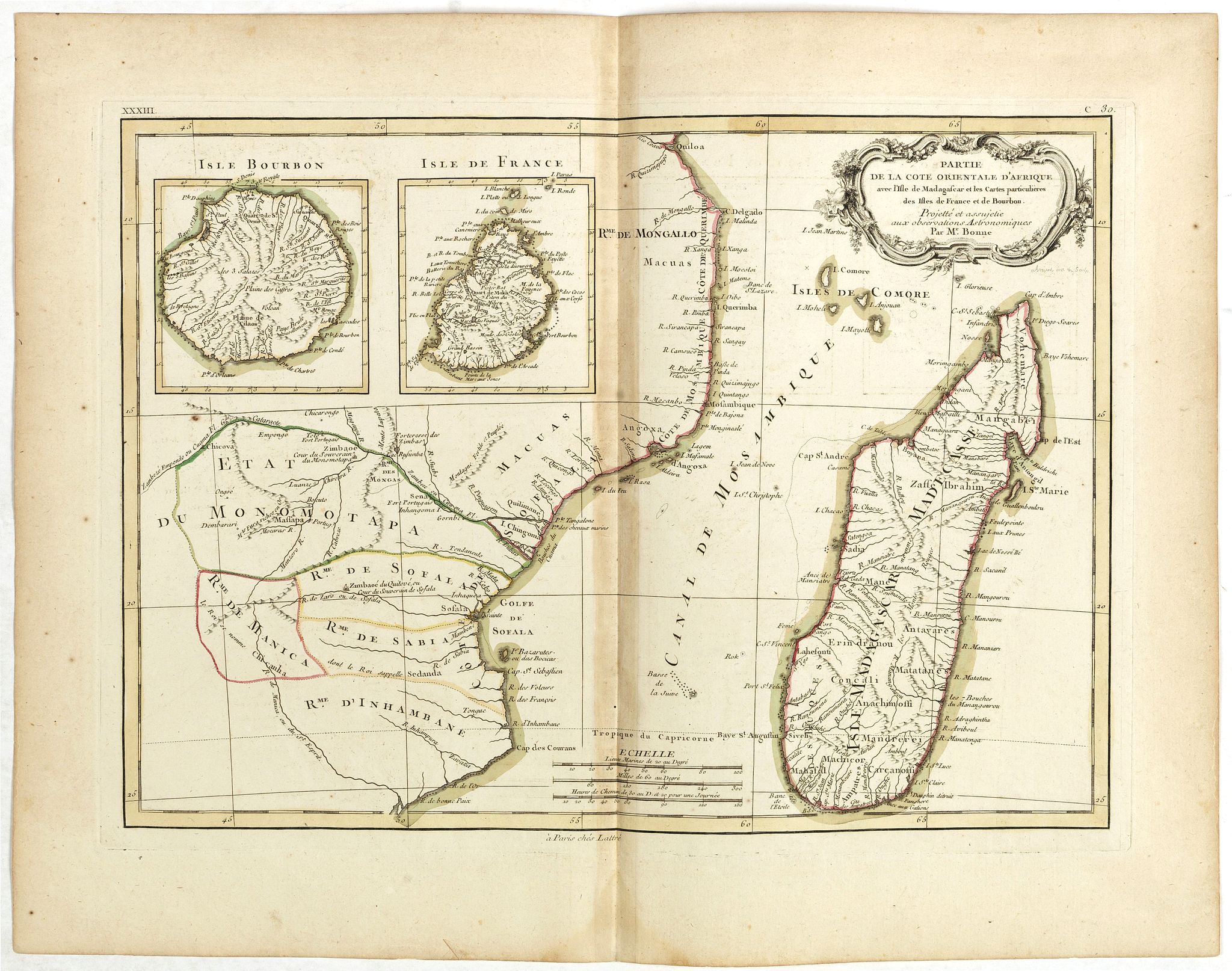 LATTRÉ / JANVIER,Sr., Carte de la Cote Orientale d'Afrique avec l'Ile de Madagascar et les Cartes particulières des Iles de France et de Bourbon . . ., antique map, old maps