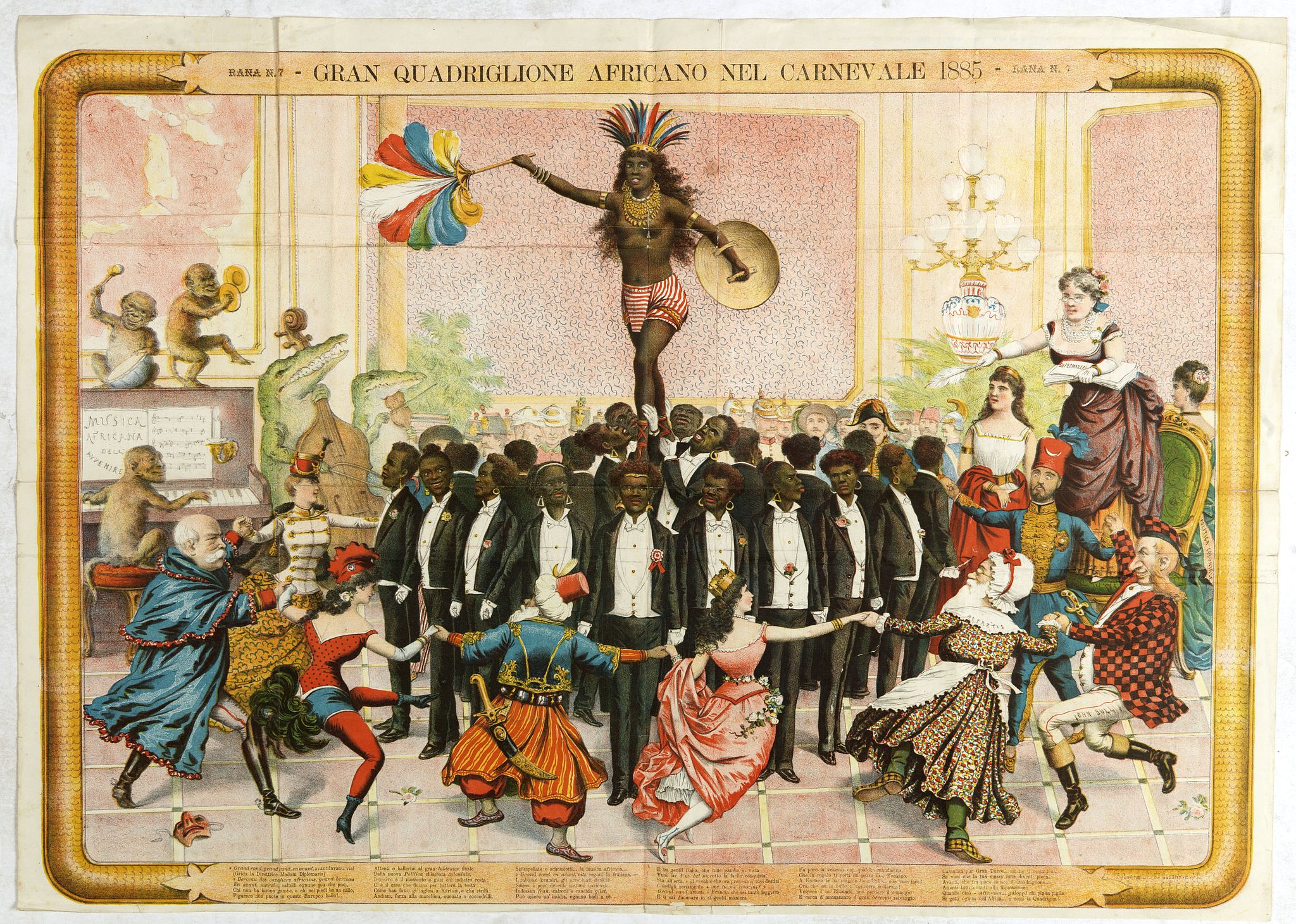CASANOVA, R., Gran quadriglione Africano nel carnevale 1885 (Rana N. 28 - Cent. 20)., antique map, old maps