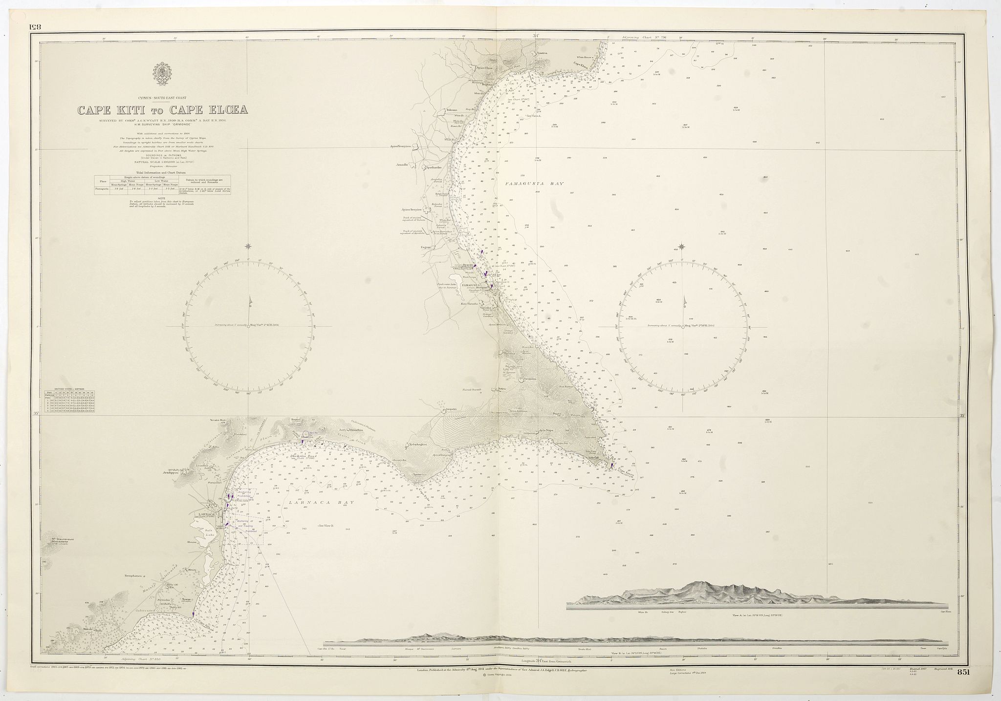 HYDROGRAPHIC OFFICE OF THE ADMIRALTY., Cyprus south east coast Cape Kiti to Cape Eloea., antique map, old maps