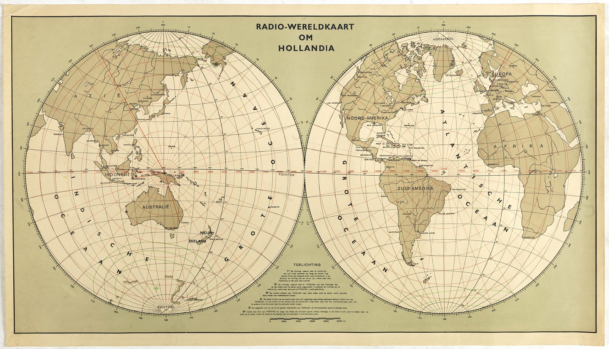 HOLLAND RADIO, Radio Wereld Kaart om Hollandia., antique map, old maps