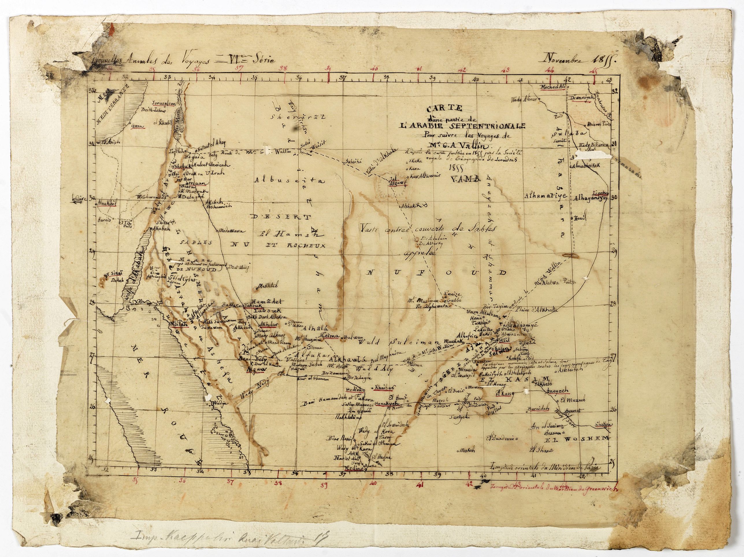 MALTE-BRUN, V.A., Carte d'unne partie de l'Arabie Septentrionale Pour suivre les Voyages de Mr. G.A. Vallin. . ., antique map, old maps