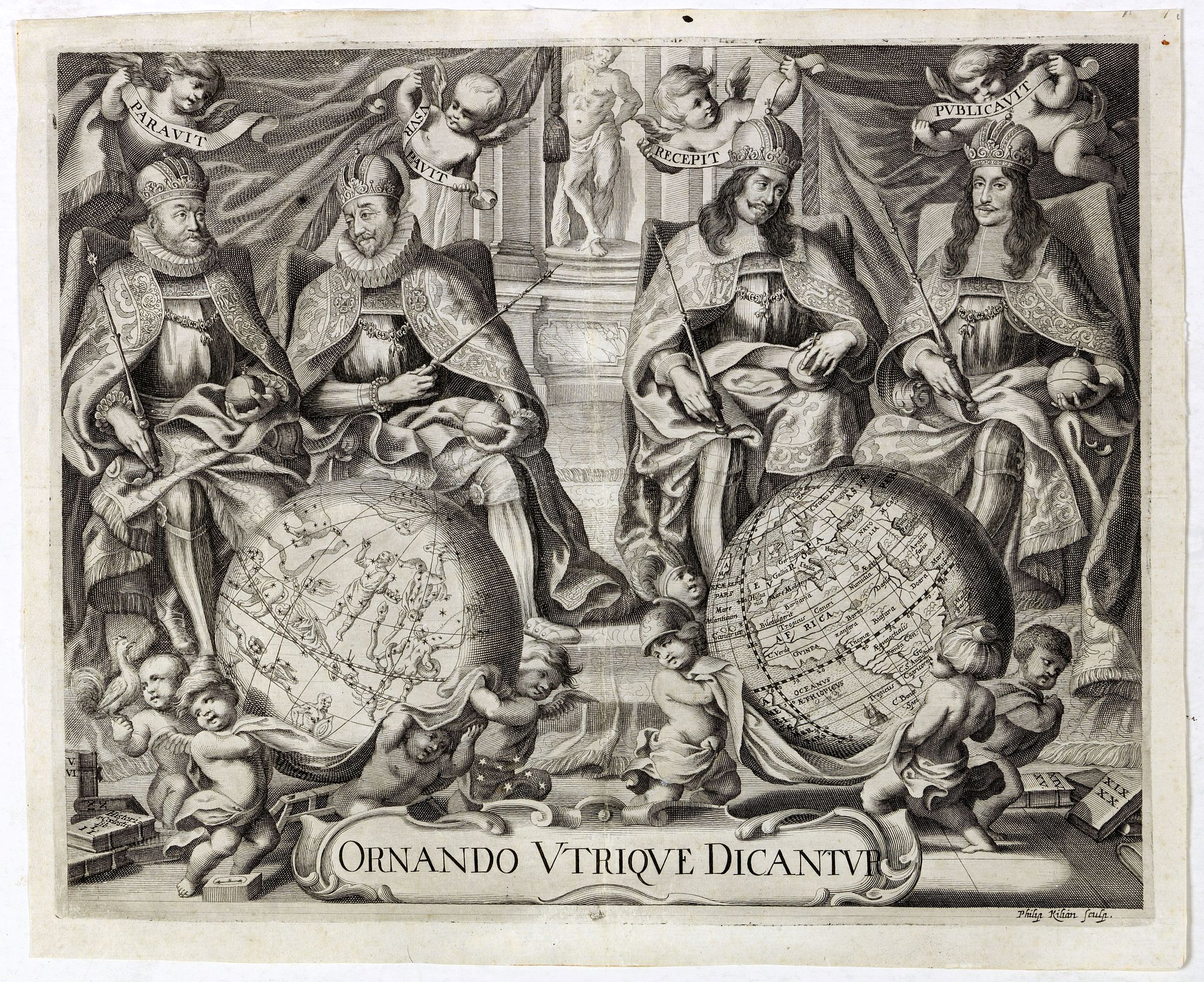 KILIAN, P., Ornando Vtrique Dicantur. (frontispiece with globes), antique map, old maps