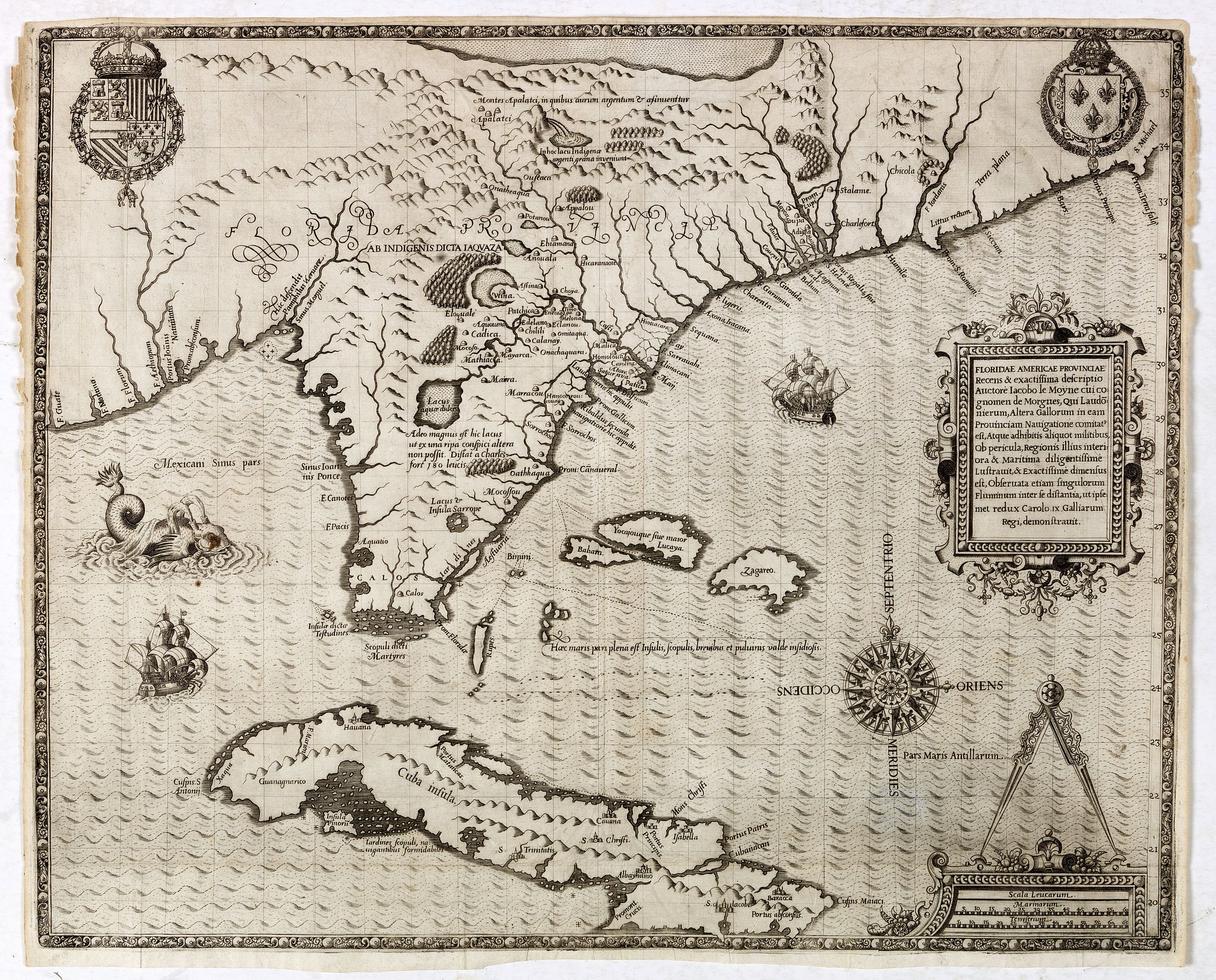 DE BRY, Th., Floridae Americae Provinciae recens & exactissima descriptio . . ., antique map, old maps