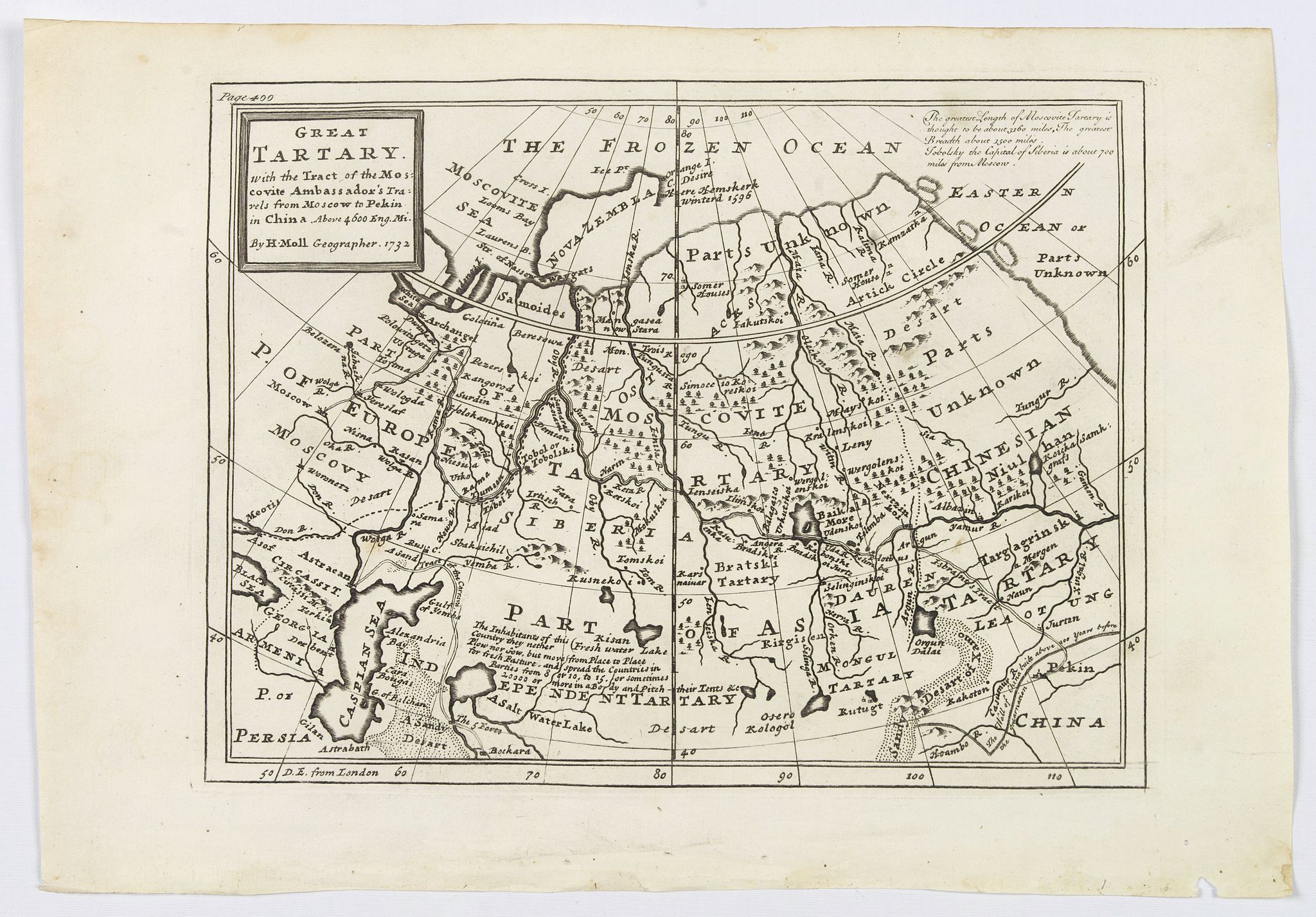 MOLL, Herman., Great Tartary, with the tract of the Moscovite Ambassador's Travels from Moscow to Pekin in China., antique map, old maps