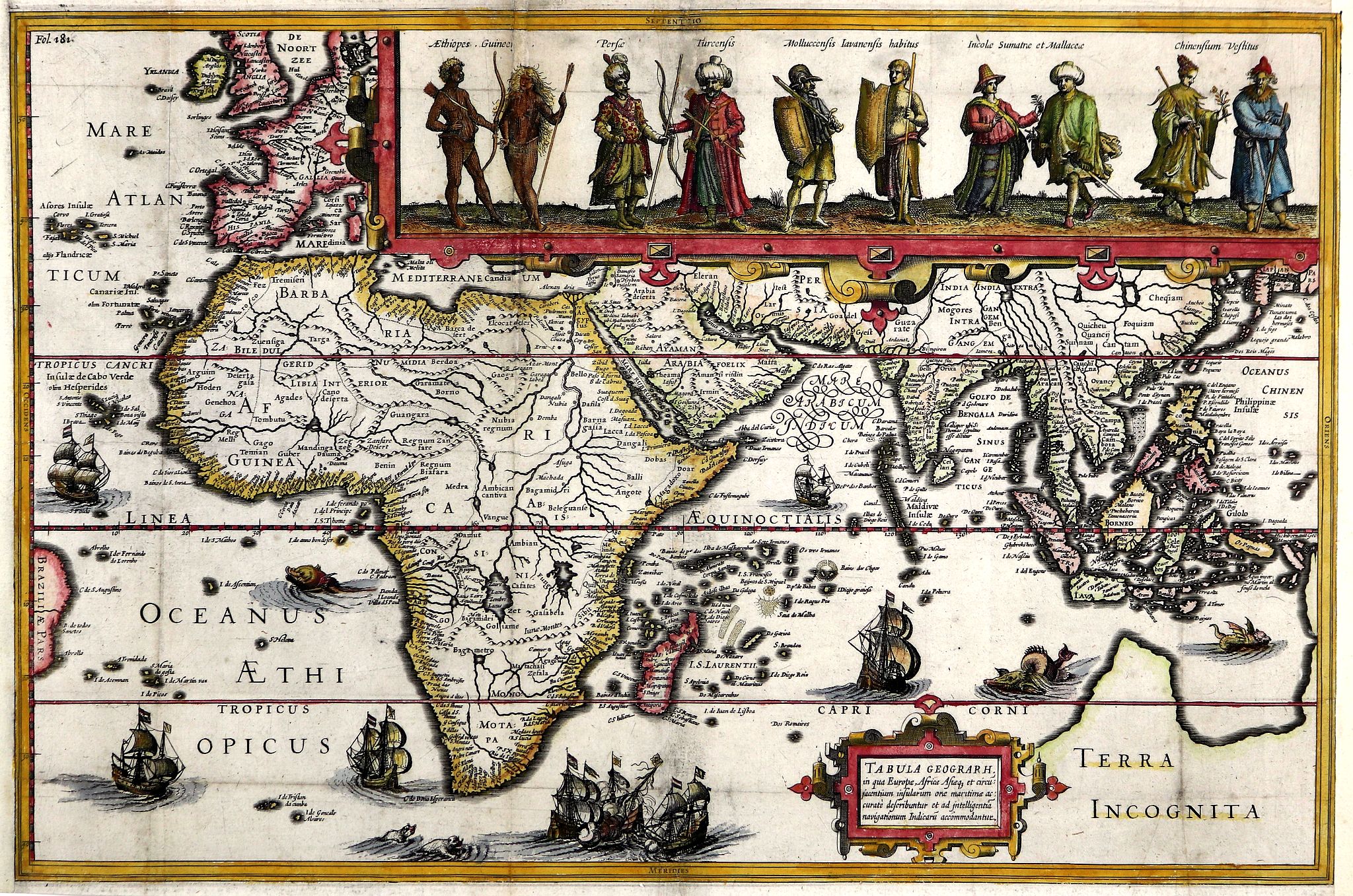 HONDIUS, Jodocus., Tabula Geographica in qua Europae, Africae Asiaeque. . ., antique map, old maps