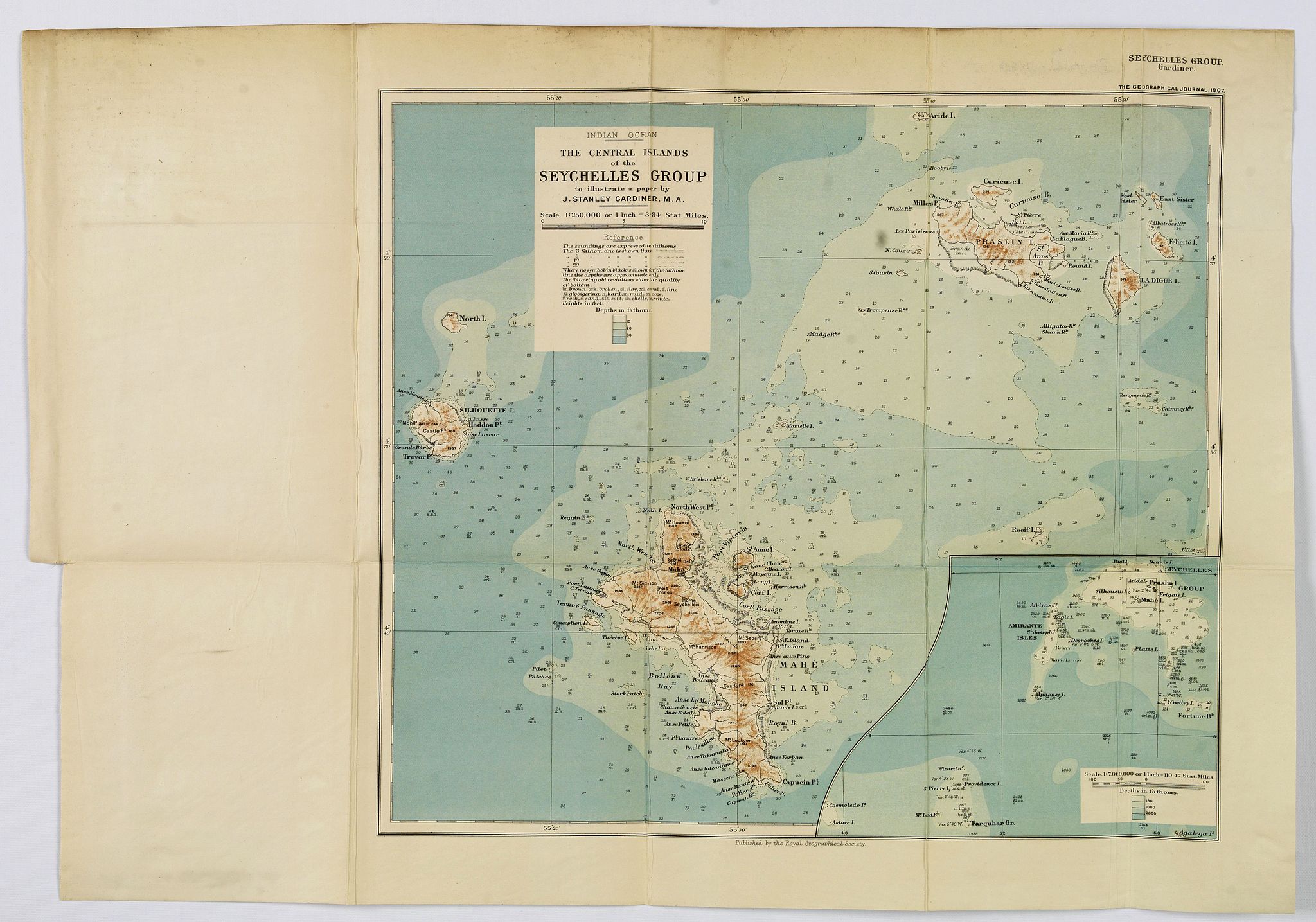ROYAL GEOGRAPHICAL SOCIETY., The Central Islands of the Seychelles Group. . ., antique map, old maps