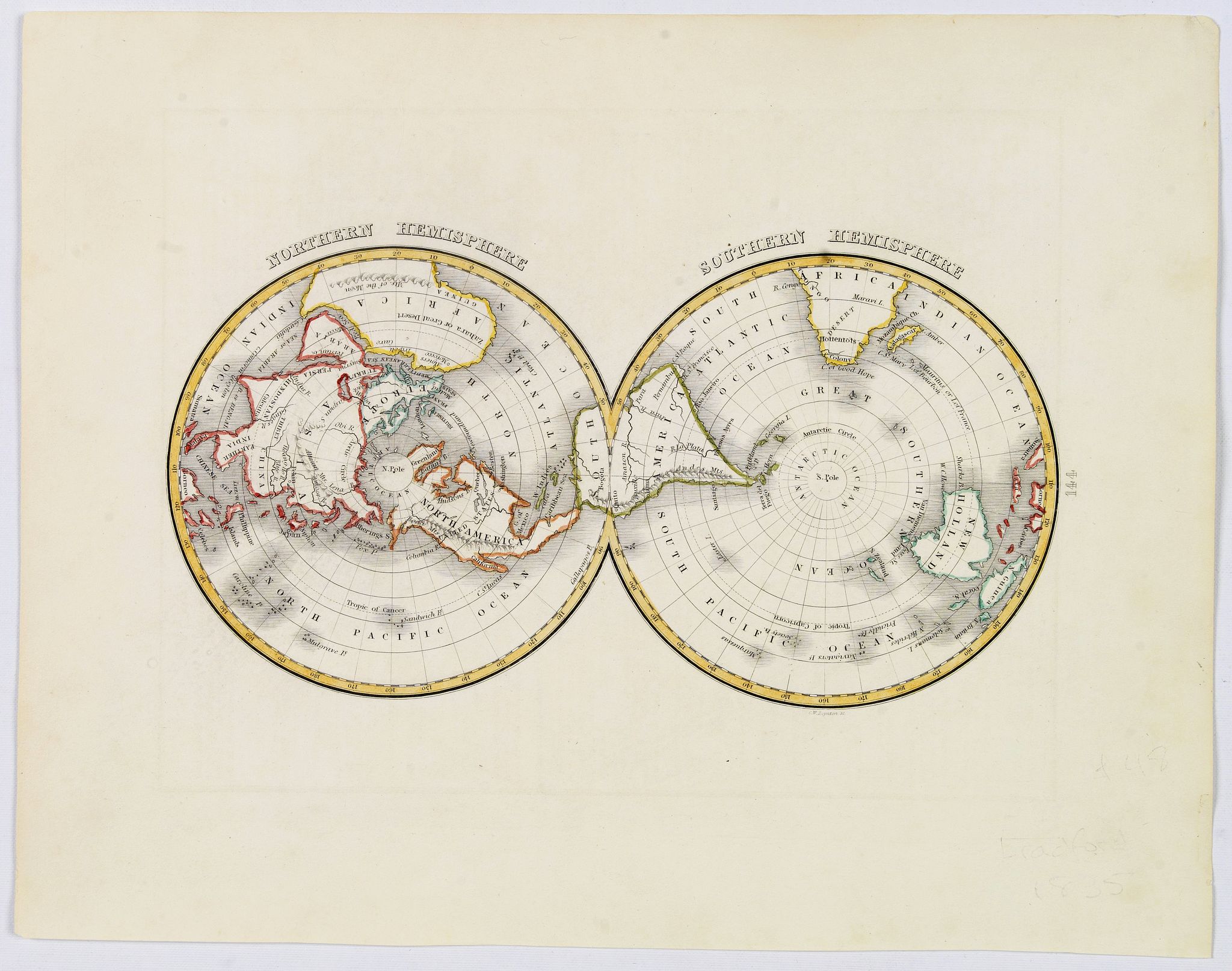 BRADFORD, T.G., Northern Hemisphere / Southern Hemisphere., antique map, old maps