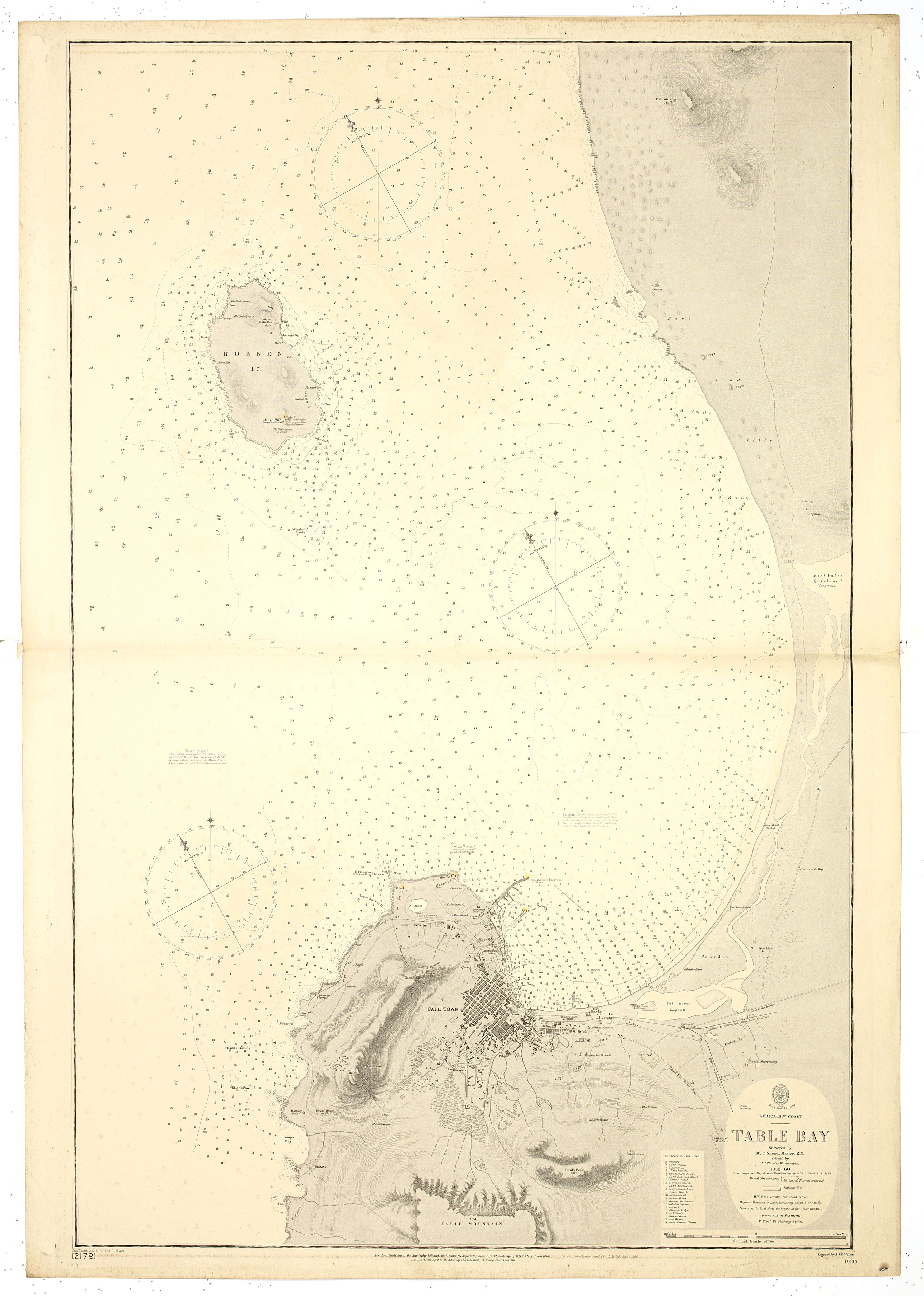 BRITISH ADMIRALTY CHART., Africa - SW coast Table Bay surveyed by Mr F Skead Master RN assisted by Mr Charles Watermeyer 1858-60., antique map, old maps