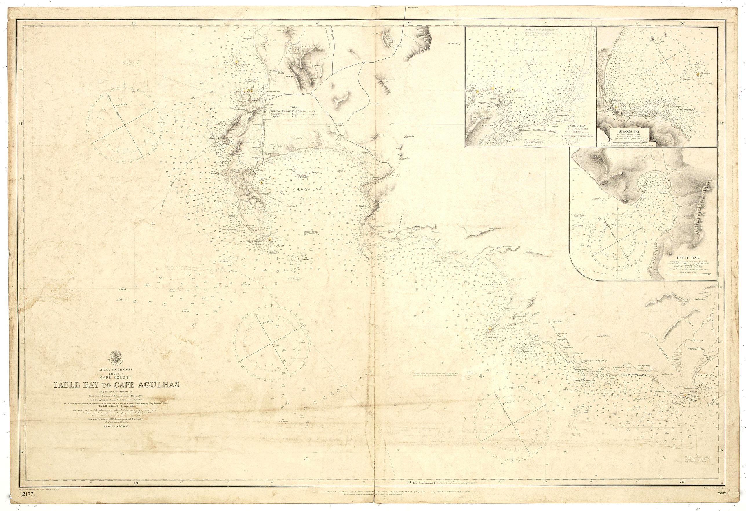 BRITISH ADMIRALTY CHART., Africa - south coast sheet I Cape Colony Table Bay to Cape Agulhas compiled from the surveys of Lieut Joseph Dayman 1853 Francis Skead Master 1860 and Navigating Lieutenant W E Archdeacon RN 1869... Purey-Cust RN... Rambler 1900., antique map, old maps