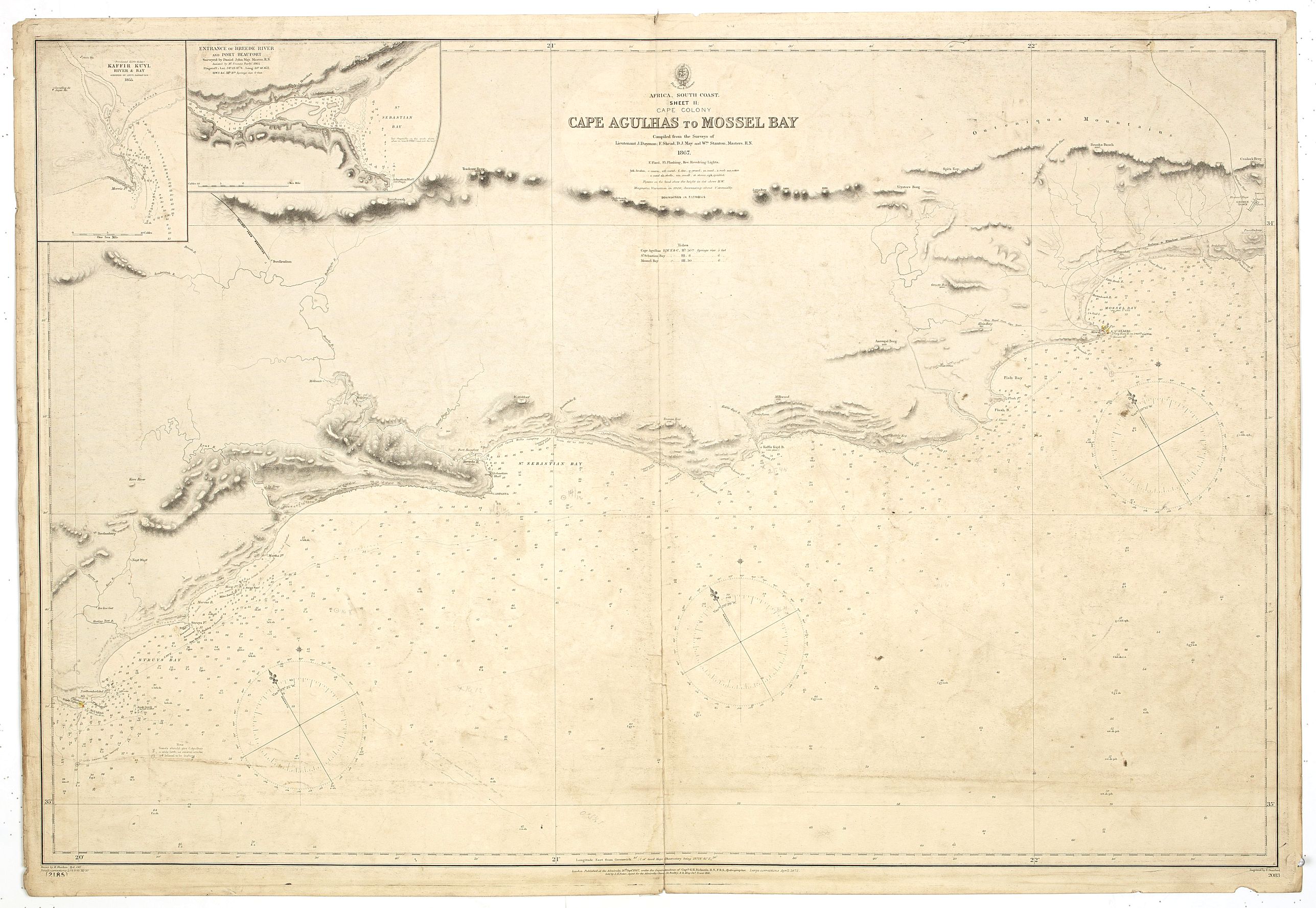 BRITISH ADMIRALTY CHART., Africa south coast sheet II Cape Colony Cape Agulhas to Mossel Bay compiled from the surveys of Lieutenant J Dayman 1867., antique map, old maps