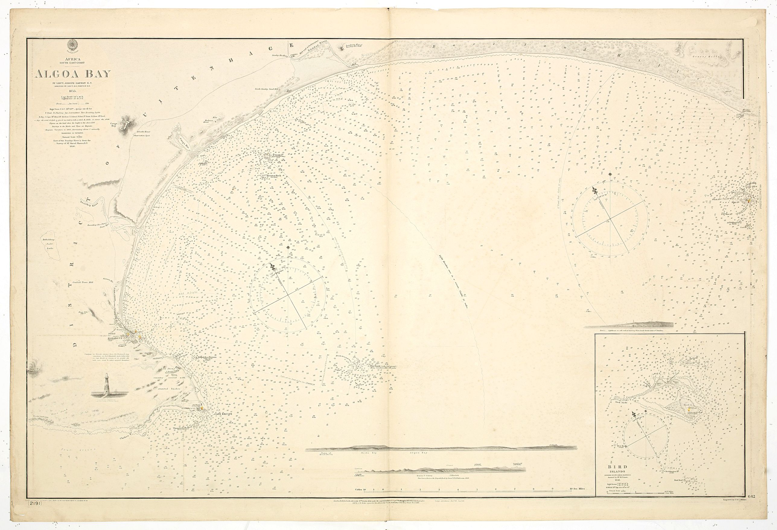 BRITISH ADMIRALTY CHART., Africa south east Algoa Bay by Lieut Joseph Dayman RN assisted by Lieut HG Simpson RN 1855., antique map, old maps