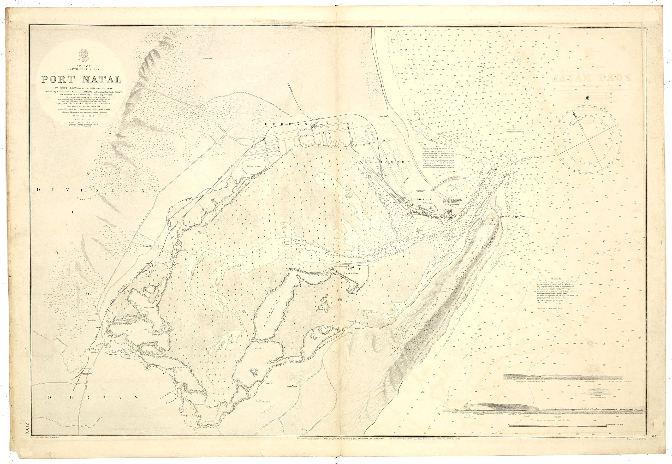 BRITISH ADMIRALTY CHART., Africa. South East Coast. Port Natal. By lieutenants J. Dayman & H.G. Simpson, R.N., 1854. Additions by Navigating Lieutenant W.E. Archdeacon, R.N. 1872, and by Sir John Coode, C.E., 1877., antique map, old maps