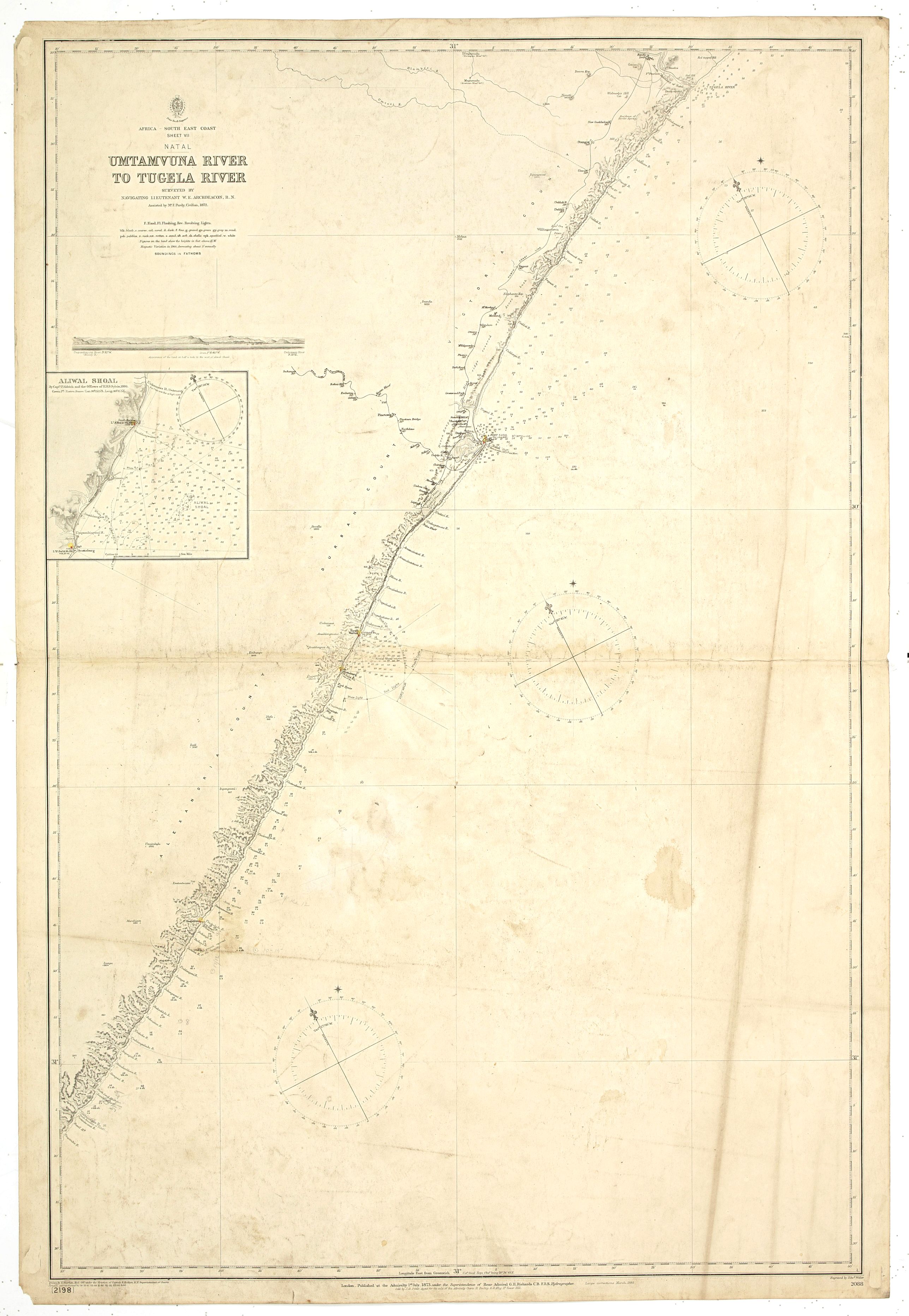 BRITISH ADMIRALTY CHART., Africa south east coast Sheet VII. Umtavuna River to Tugela River With two coastal profiles Surveyed by Navigating Lieutenant W.e. Archdeacon, R. N. Assisted by Mr. F. Purdy, Civilian, 1872…, antique map, old maps