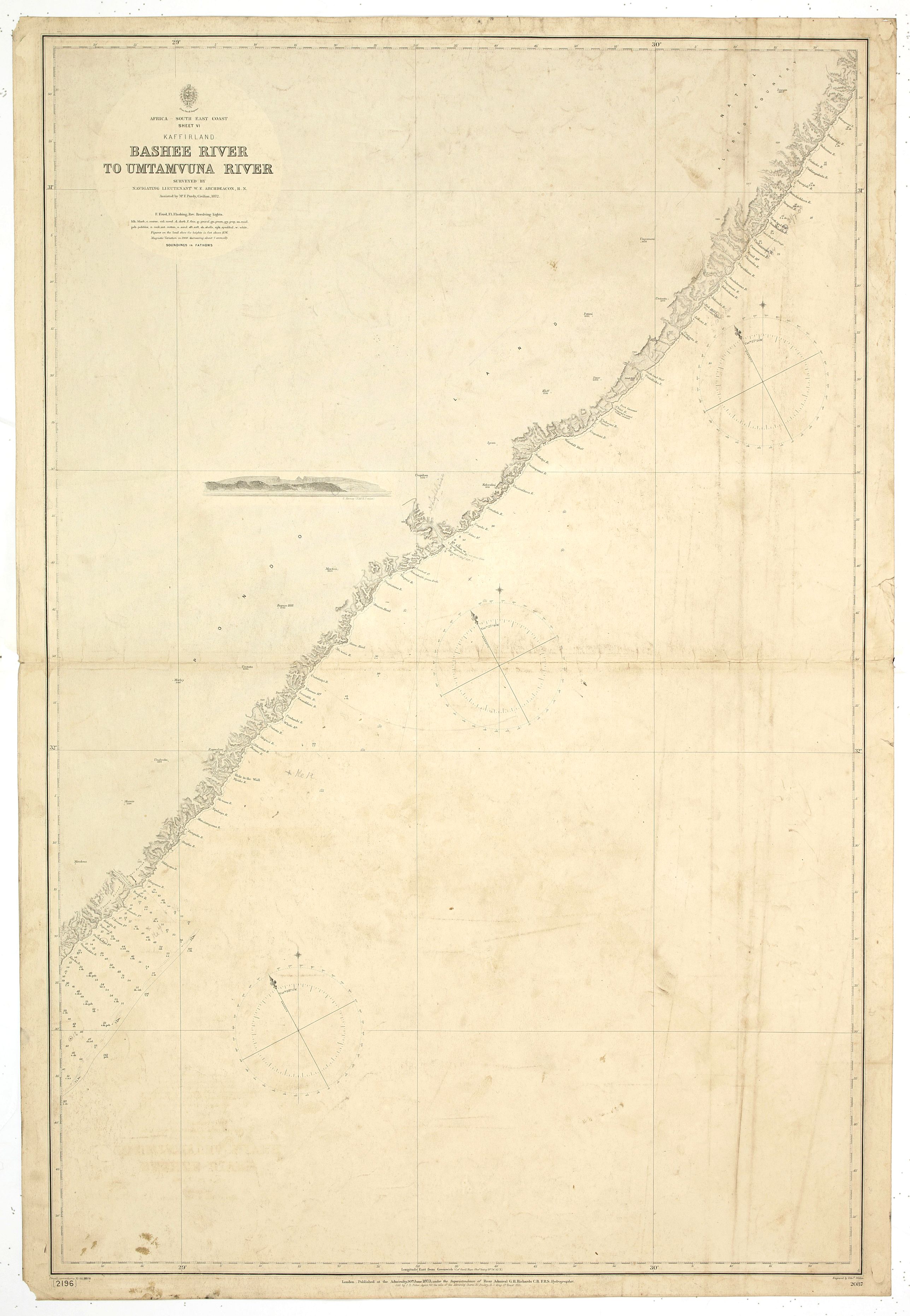 BRITISH ADMIRALTY CHART., Africa - South East Coast Sheet VI Kaffirland Banshee River to Umtamuuna River Surveyed by Navigating Lieutenant W. E. Archdeacon. R.N. Assisted by Mr F. Purdy, Civilian 1872…, antique map, old maps
