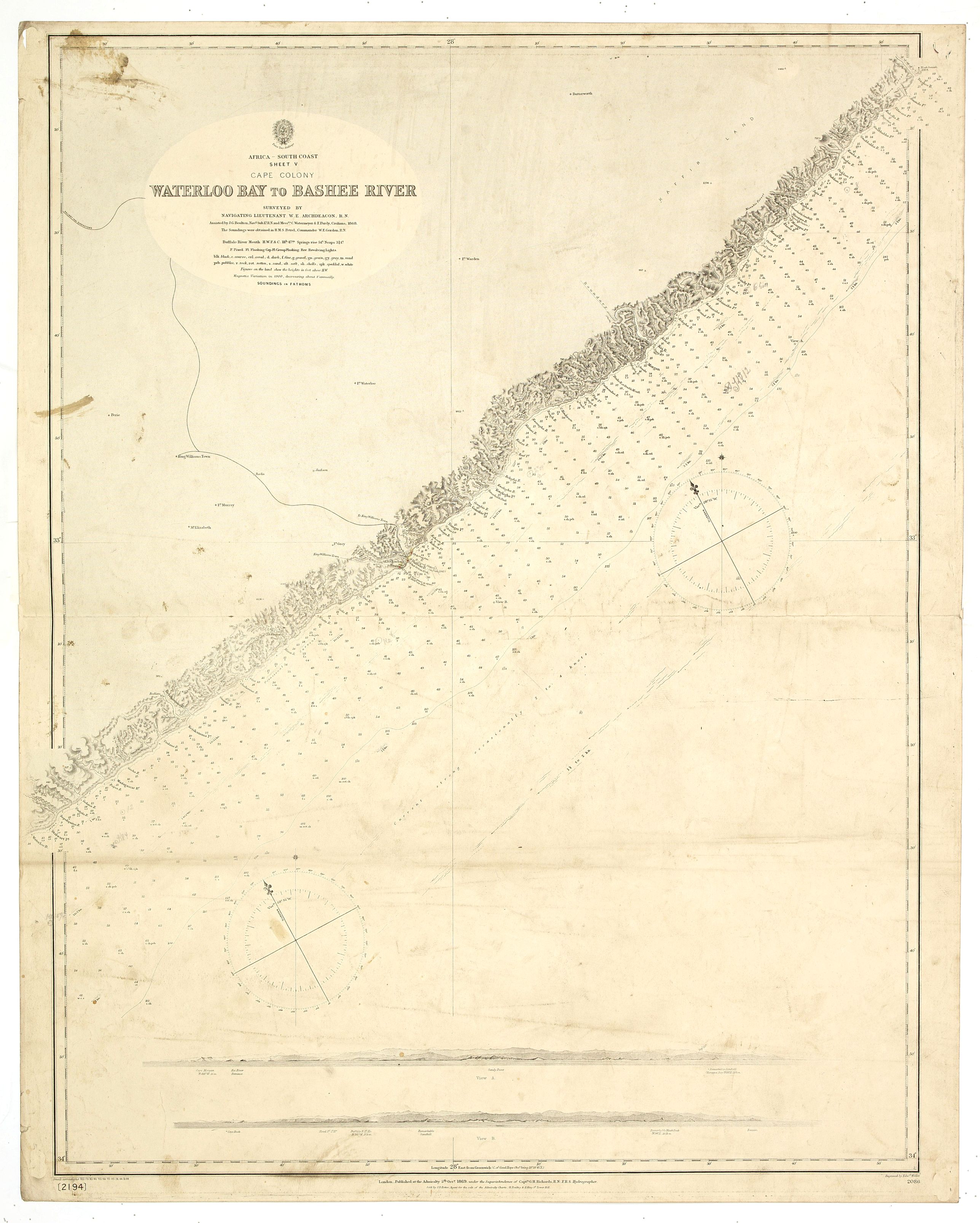 BRITISH ADMIRALTY CHART., Africa south coast sheet V Cape Colony Waterloo Bay to Bashee River surveyed by Navigating Lieutenant WE Archdeacon RN assisted by ... Africa - SW coast Table Bay surveyed by Mr F Skead Master RN assisted by Mr Charles Watermeyer 1858-60, antique map, old maps