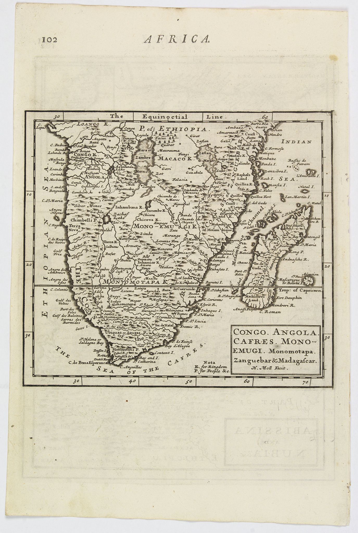 MOLL, H., Congo, Angola, Cafres, Monoemugi, Monomotapa, Zanguebar & Madagascar., antique map, old maps