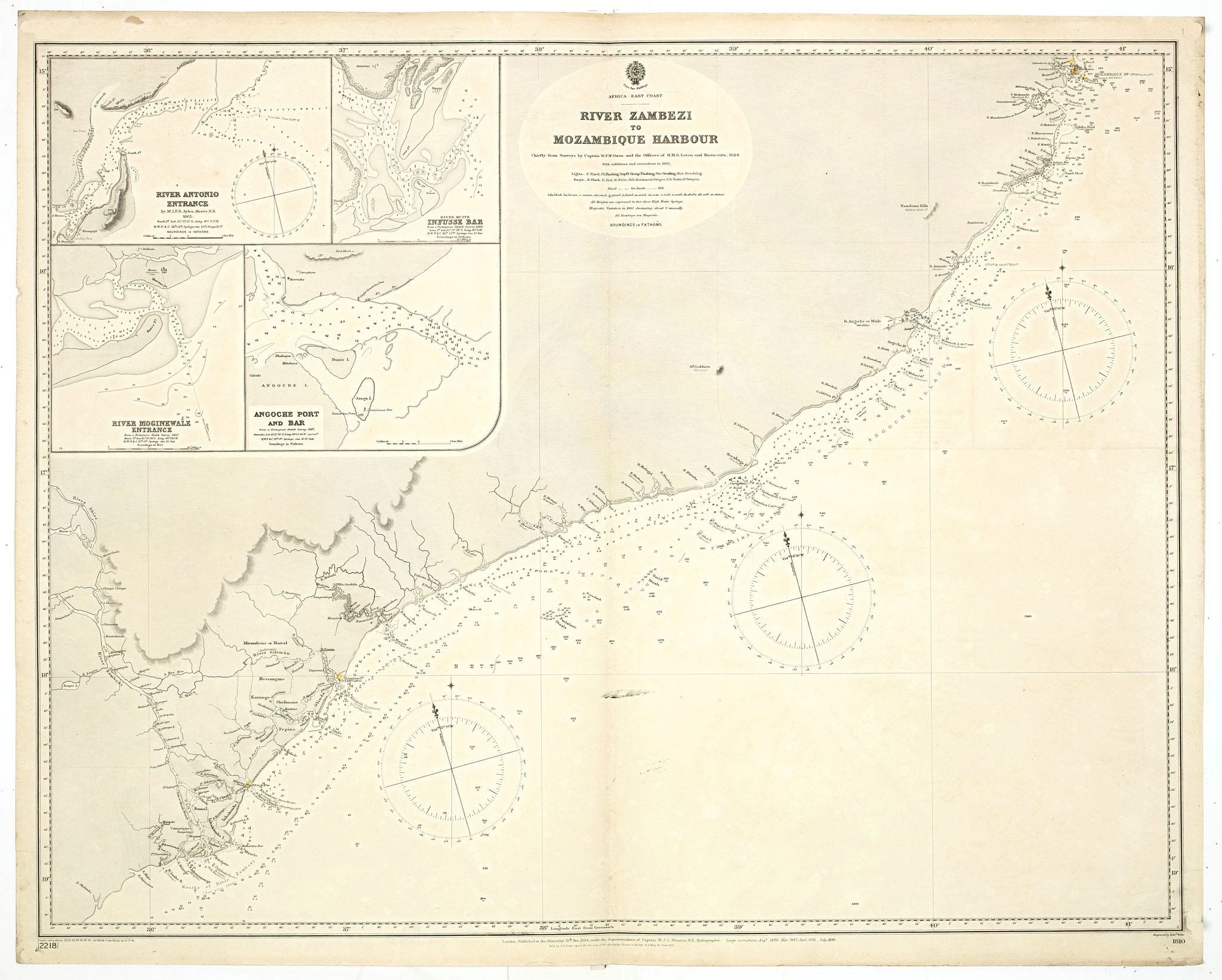 BRITISH ADMIRALTY CHART., Africa east coast River Zambezi to Mozambique Harbour surveys by Captain W. F. W. Owen HMS Leven and Barracouta 1824… With additions and corrections to 1883…, antique map, old maps