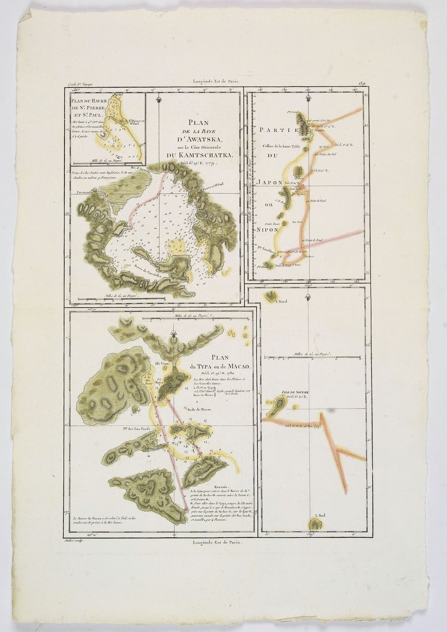 BONNE, Rigobert., Plan de la Baye d'Awatska. . .Plan du Typa ou de Macao. . .Partie du Japon ou Nipon., antique map, old maps