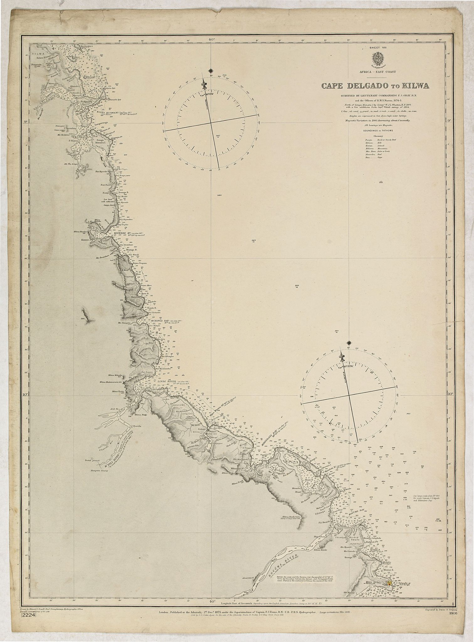 BRITISH ADMIRALTY CHART., Sheet VIII Africa east coast Cape Delgado to Kilwa surveyed by Lieutenant Commanding FJ Gray RN HMS Nassau 1874-5…, antique map, old maps