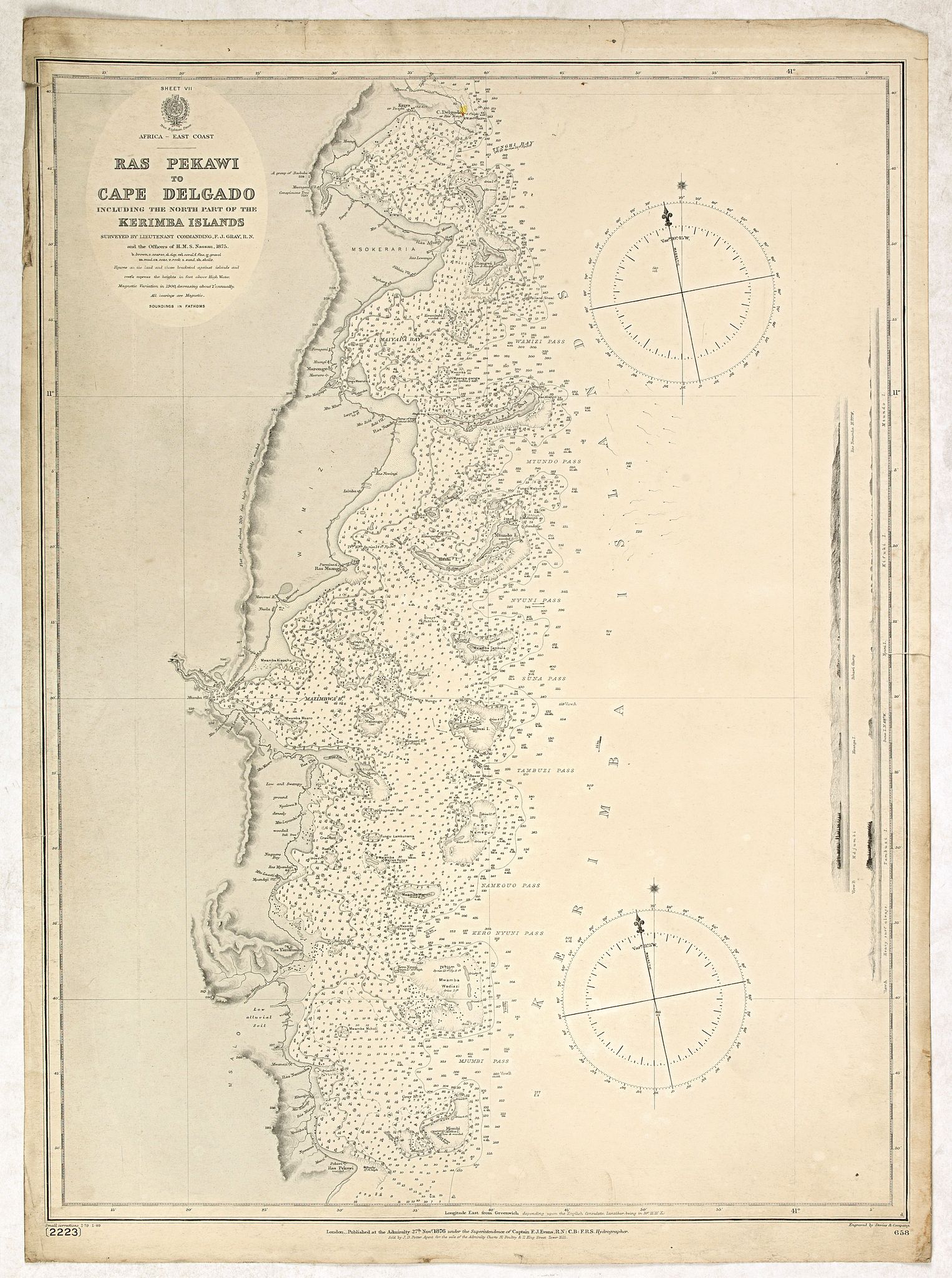 BRITISH ADMIRALTY CHART., Sheet VII Africa east coast Ras Pekawi to Cape Delgado including the north part of the Kerimba islands Surveyed by Lieutenant Commanding, F. J. Gray, R. N., … 1875…, antique map, old maps