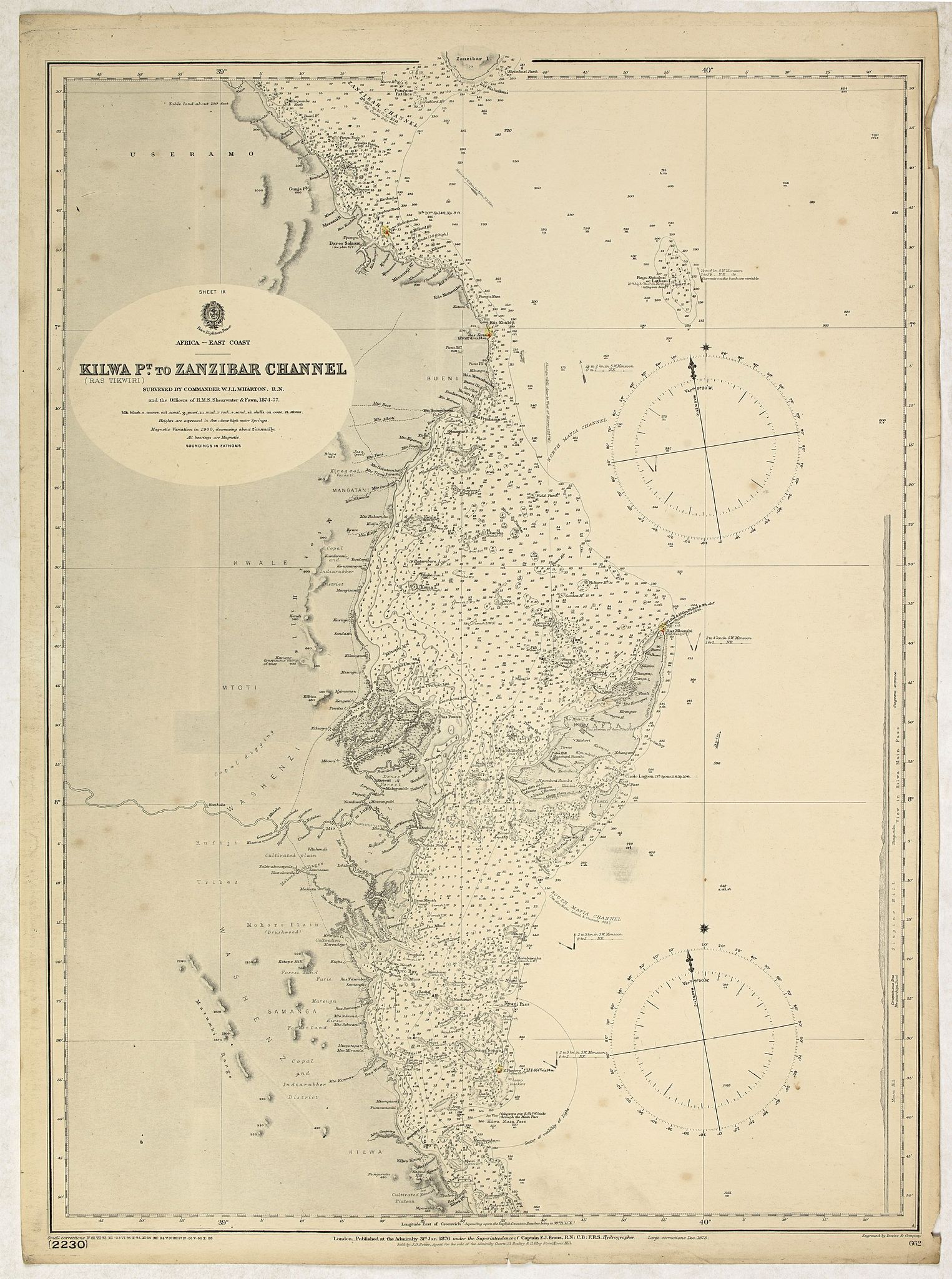 BRITISH ADMIRALTY CHART., Sheet IX Africa east coast Kilwa P.t to Zanzibar Channel Surveyed by Commander W. J. L. Wharton… , F. J. Gray, R. N., … 1874-77… Magnetic variation in 1900, decreasing about 2' annually., antique map, old maps