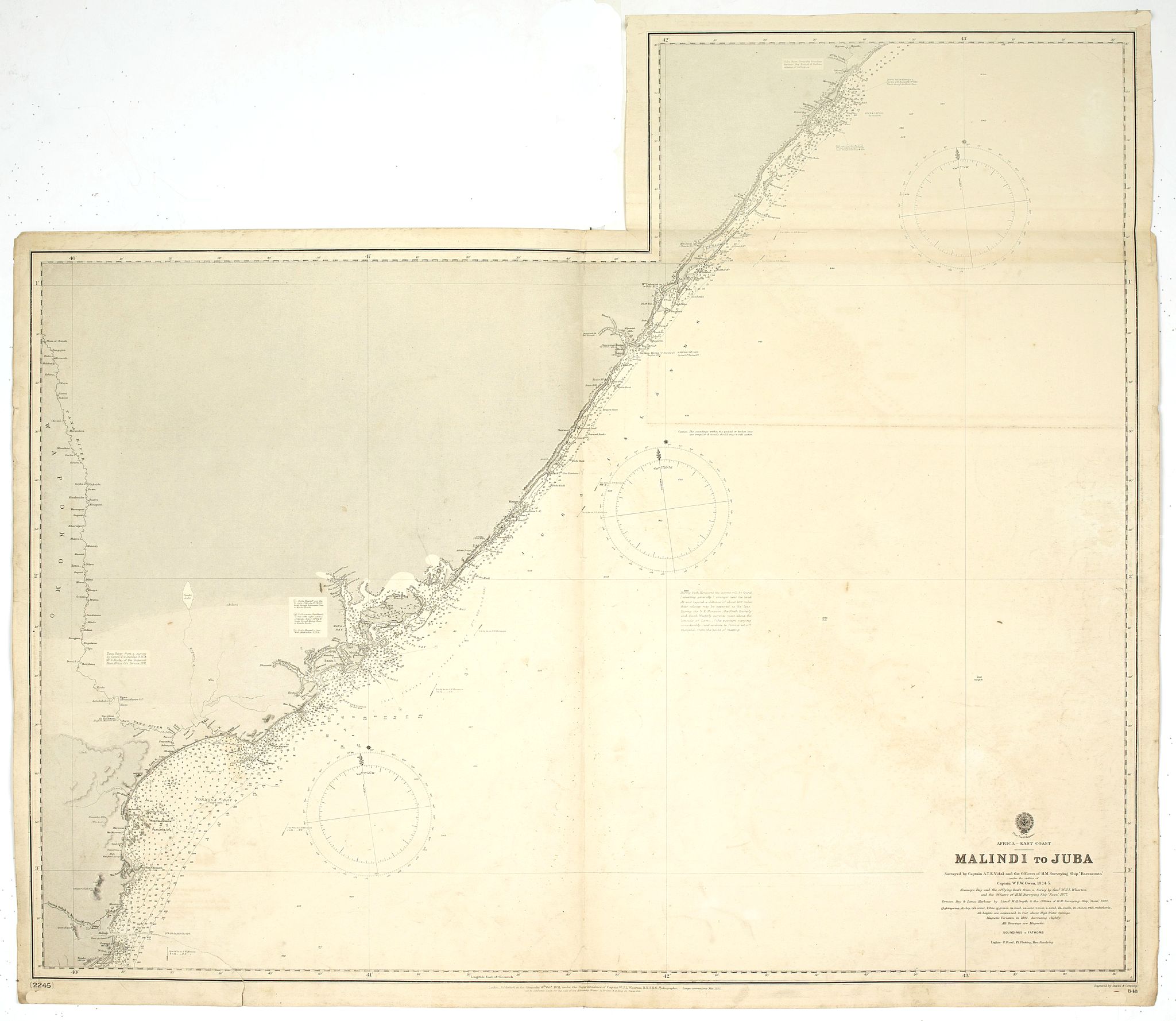 BRITISH ADMIRALTY CHART., Africa east coast Malindi to Juba Surveyed by Captain … W. F. W. Owen,1824-25… Surveying ship, , antique map, old maps