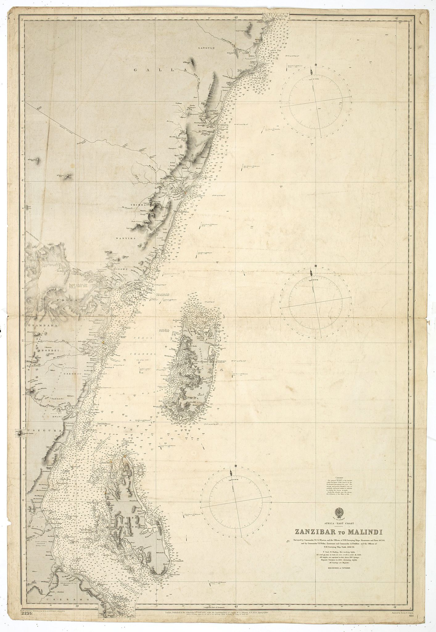 BRITISH ADMIRALTY CHART., Africa east coast Zanzibar to Malindi … H. M. Surveying ship Stork, 1888-90. Magnetic variation in 1890, decreasing slightly. Africa - SW coast Table Bay surveyed by Mr F Skead Master RN assisted by Mr Charles Watermeyer 1858-60, antique map, old maps